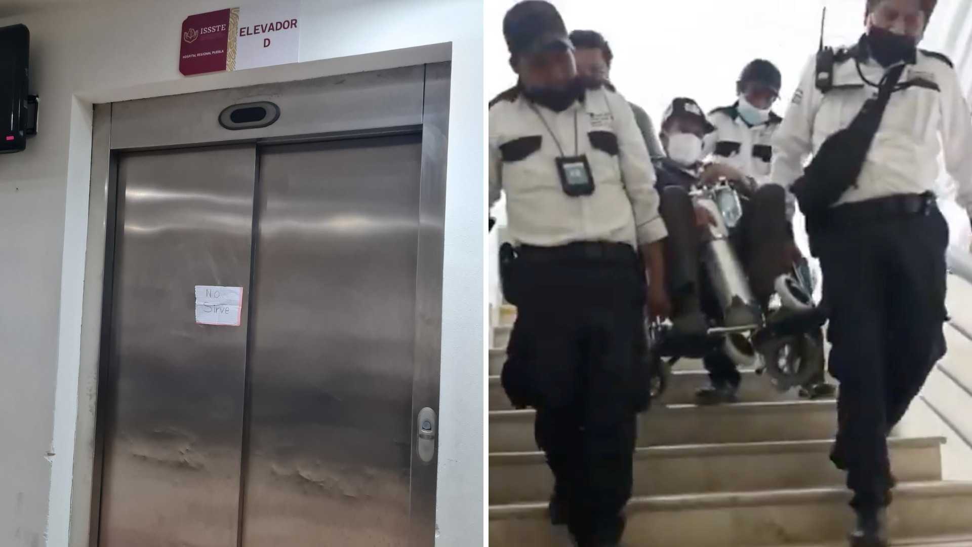 Pacientes son cargados por personal del ISSSTE Puebla porque no sirven los elevadores.