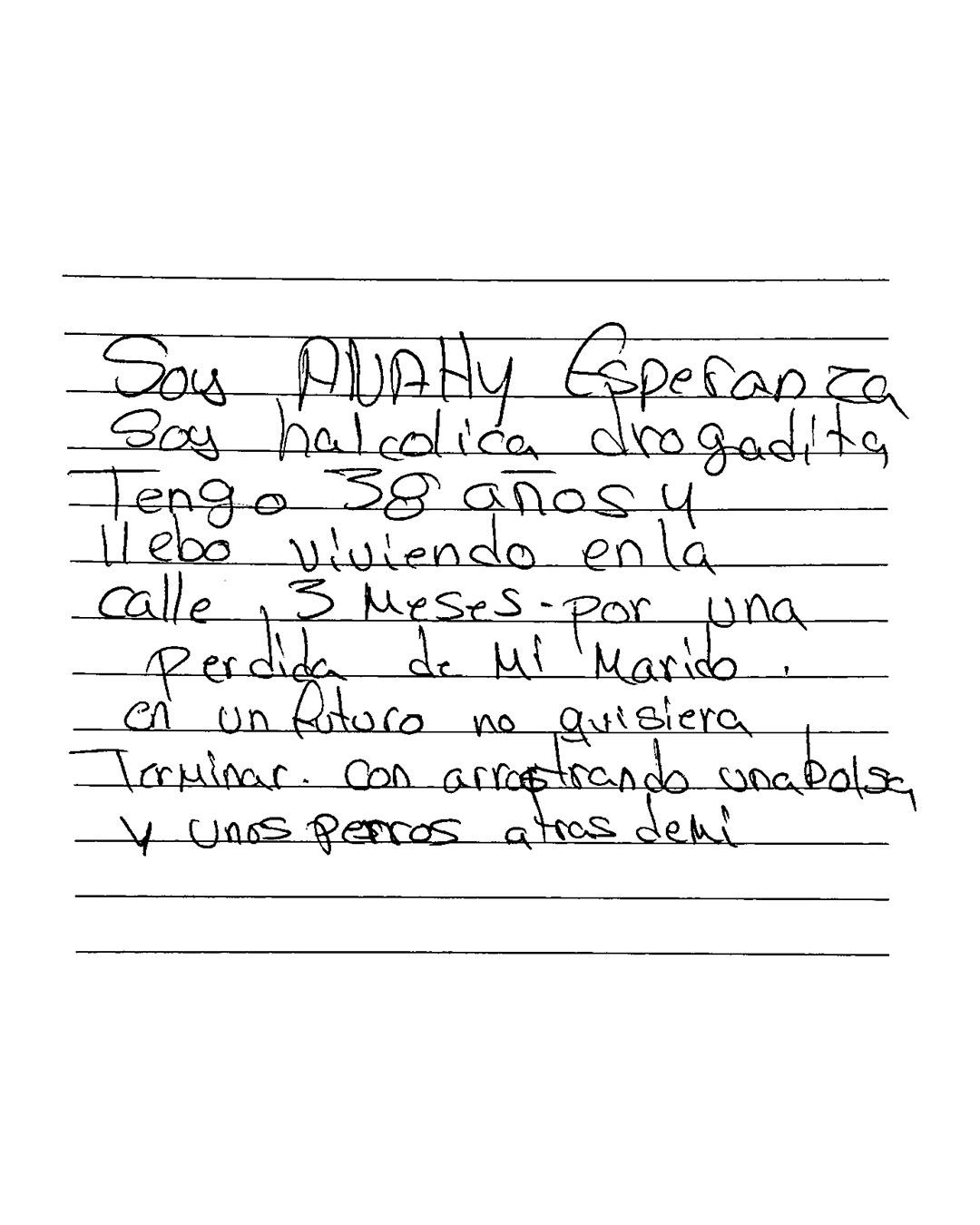 Nota escrita por una persona en situación de calle