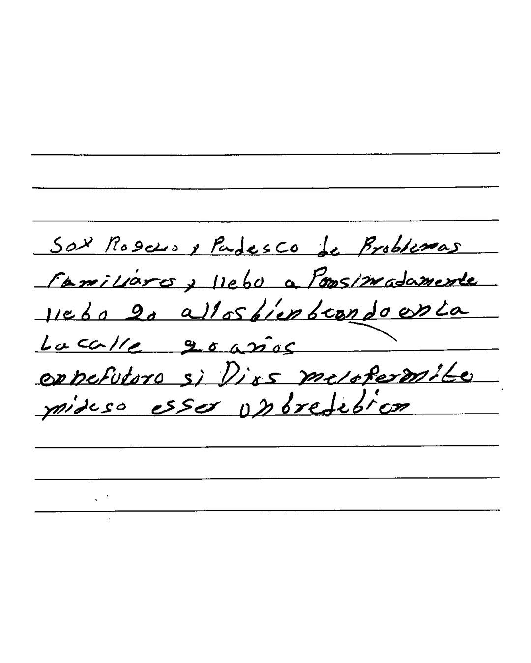 Nota escrita por una persona en situación de calle
