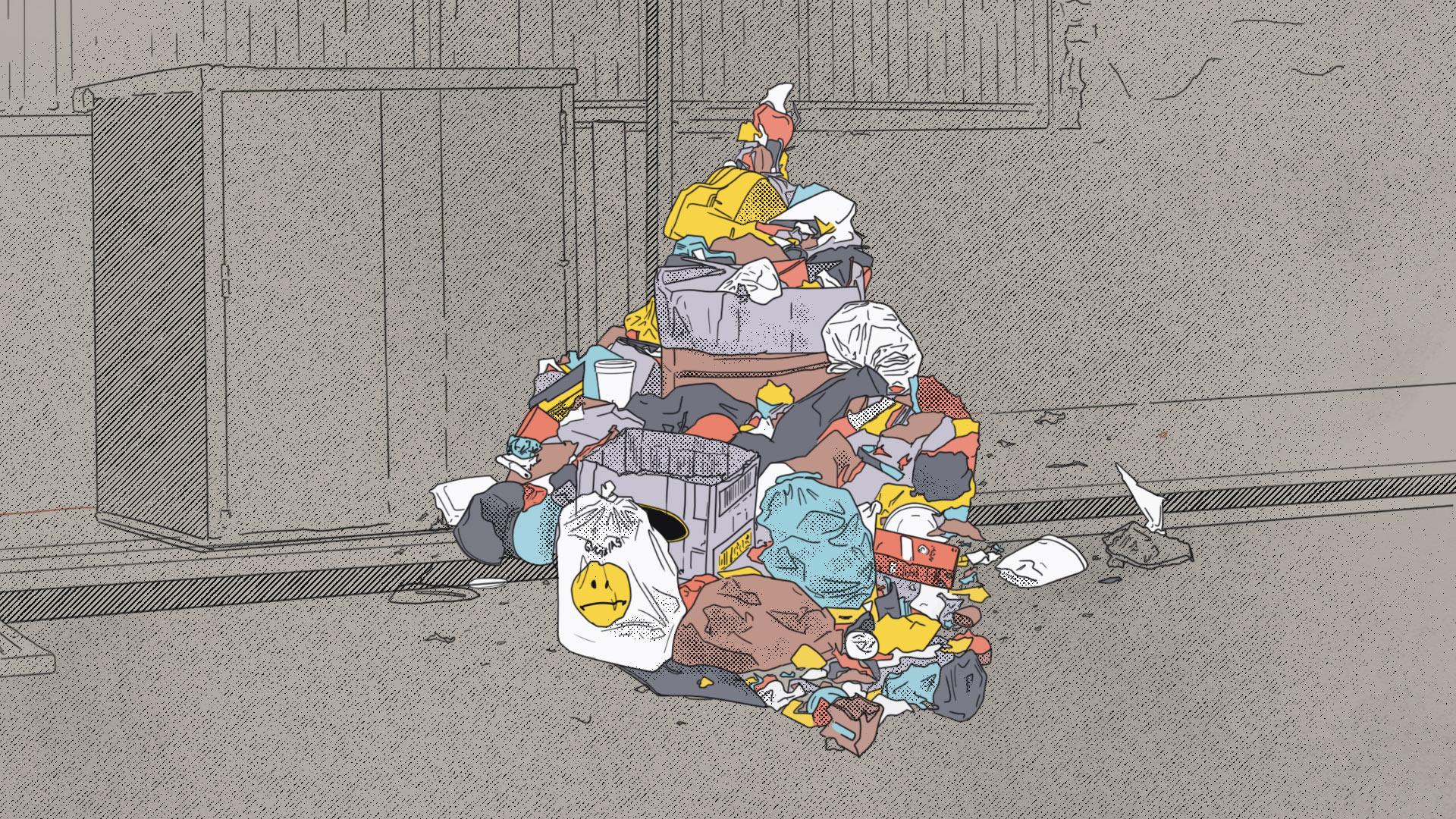 Ilustración de un basurero con forma del mapa de la Ciudad de México