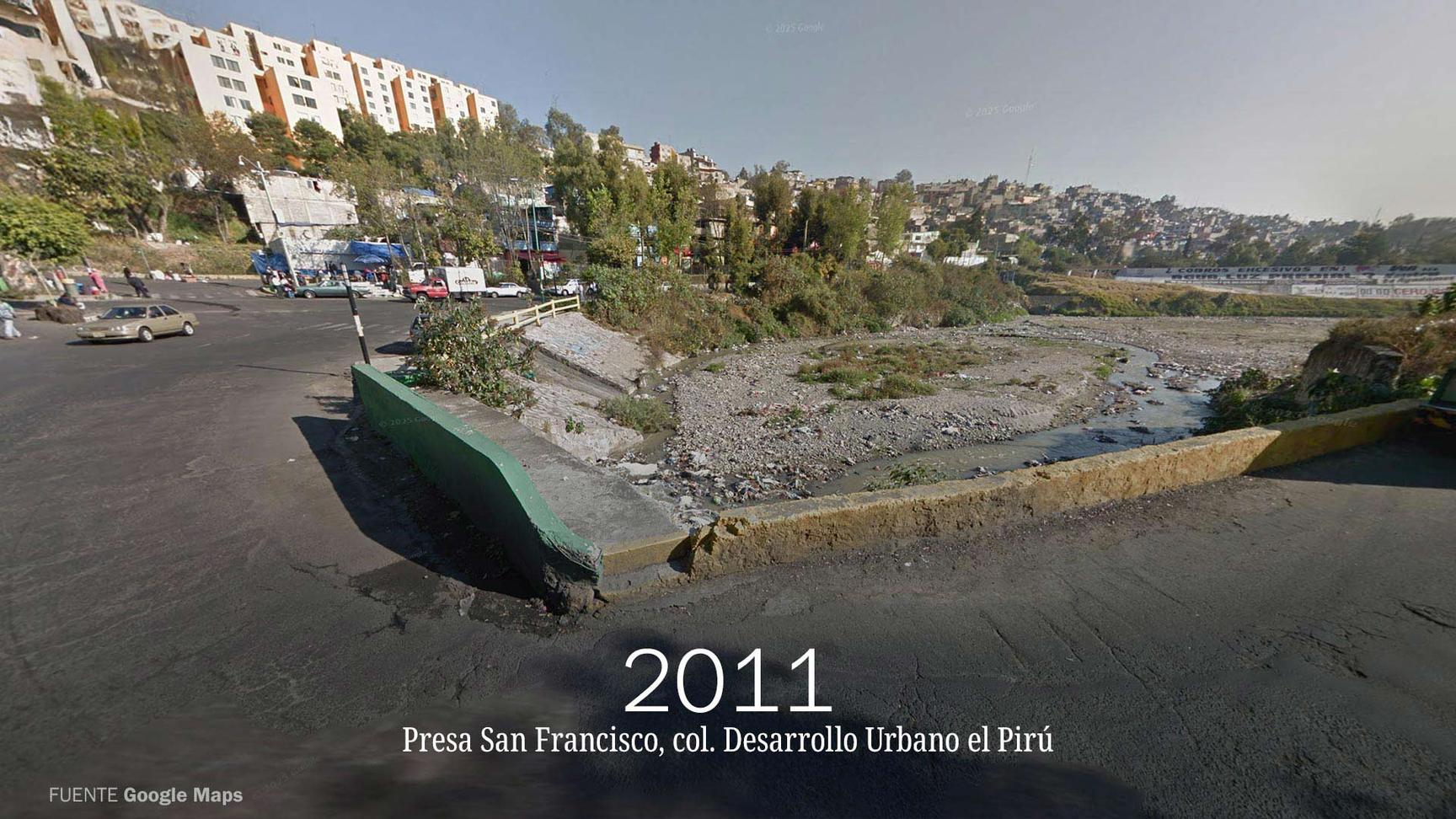 Imagen de Google Maps en la que se muestra un basurero clandestino en la Presa San Francisco en la Ciudad de México en 2011
