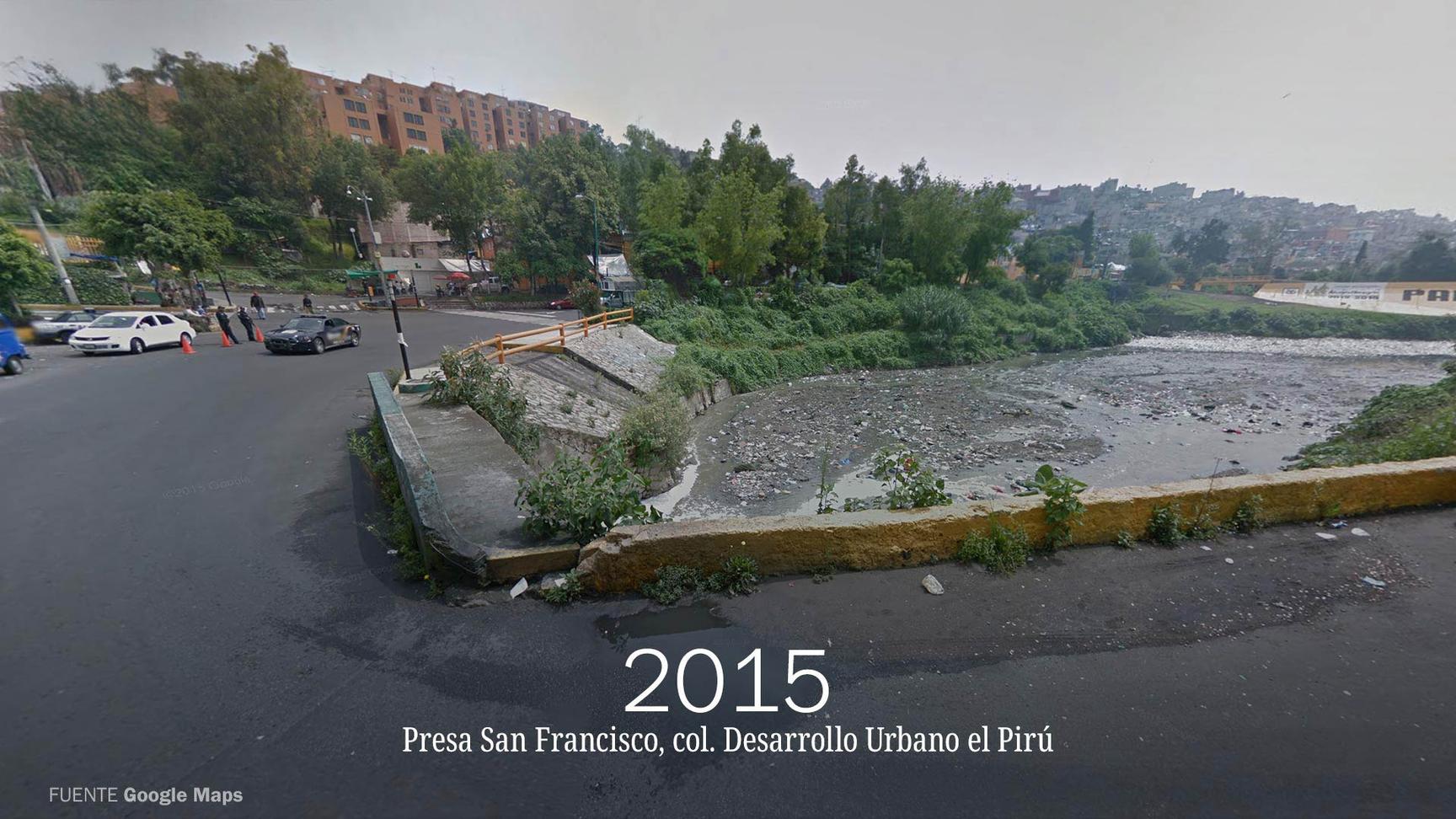 Imagen de Google Maps en la que se muestra un basurero clandestino en la Presa San Francisco en la Ciudad de México en 2015