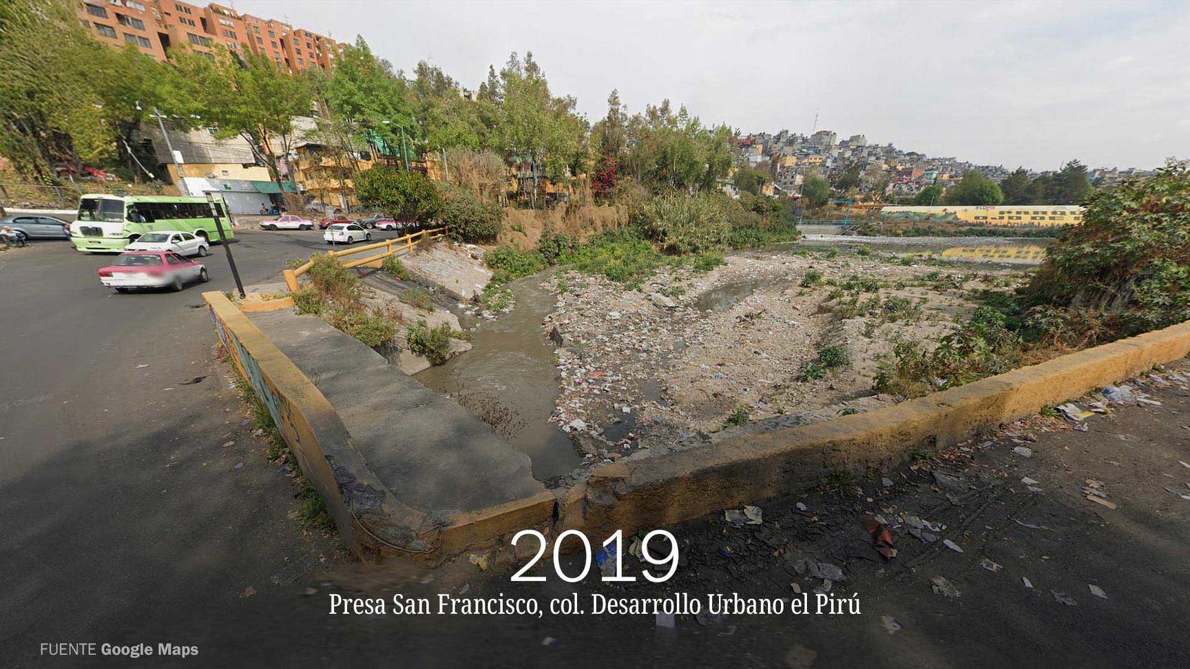 Imagen de Google Maps en la que se muestra un basurero clandestino en la Presa San Francisco en la Ciudad de México en 2019