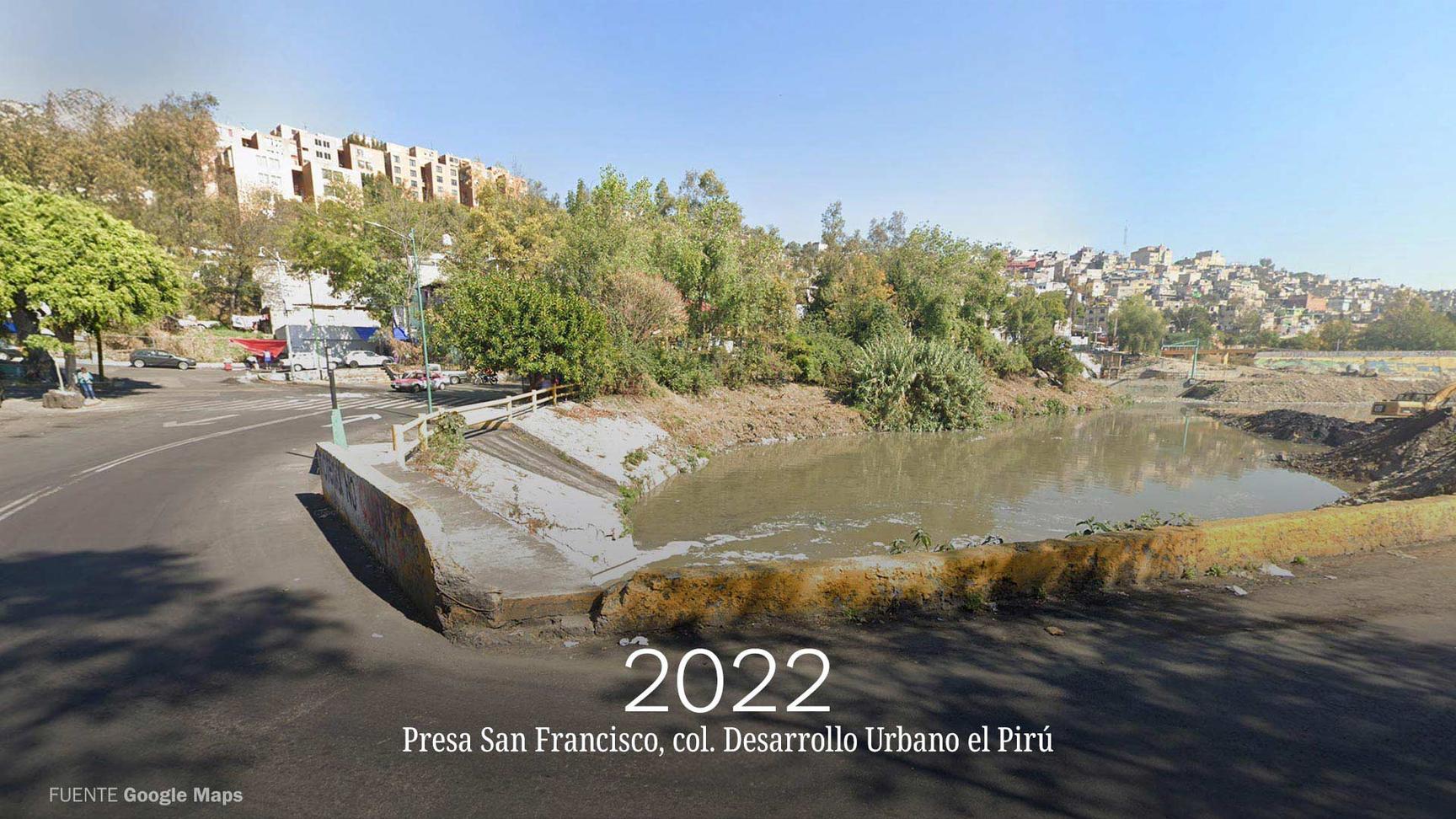 Imagen de Google Maps en la que se muestra un basurero clandestino en la Presa San Francisco en la Ciudad de México en 2022