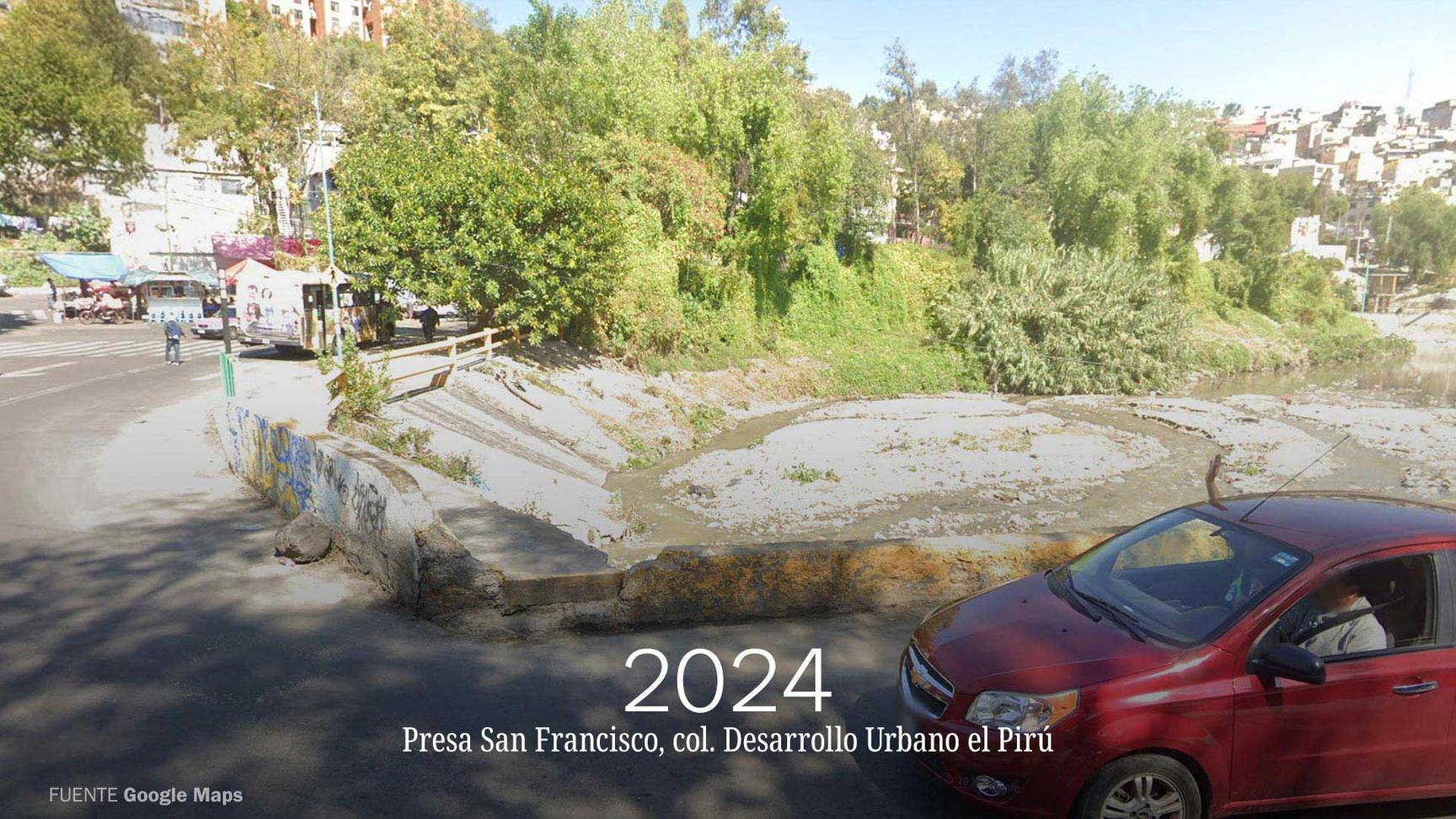 Imagen de Google Maps en la que se muestra un basurero clandestino en la Presa San Francisco en la Ciudad de México en 2024
