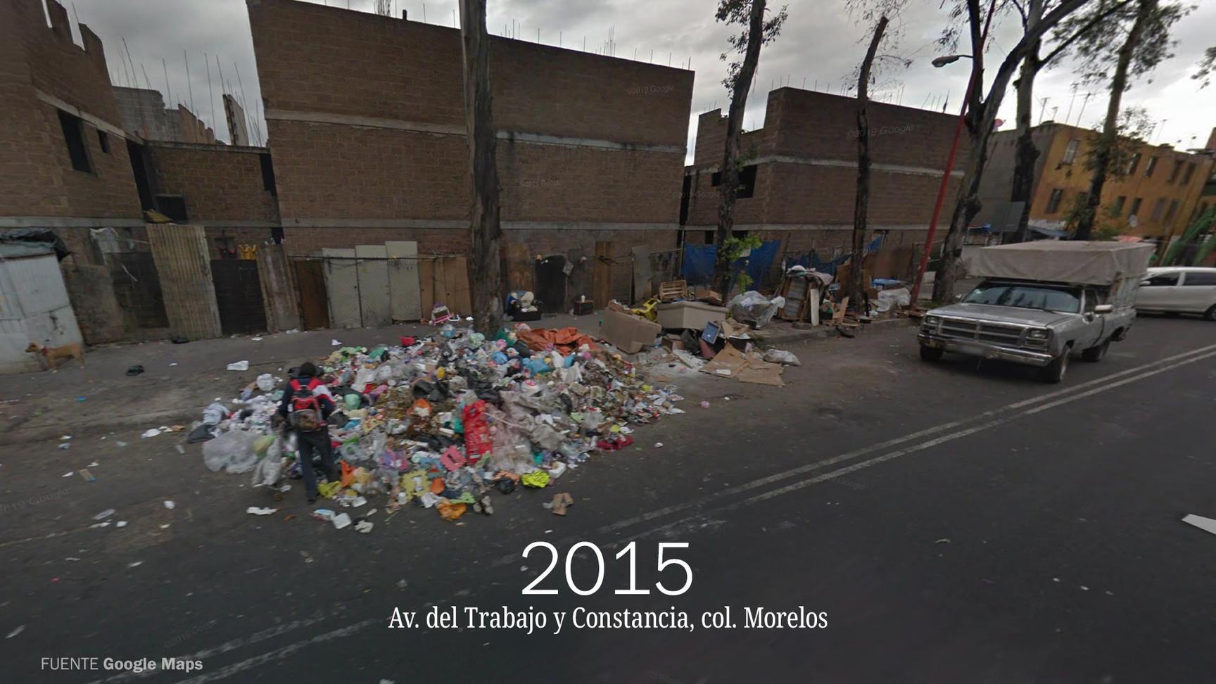 Imagen de Google Maps en la que se muestra un basurero clandestino sobre una avenida de la Ciudad de México en el año 2015