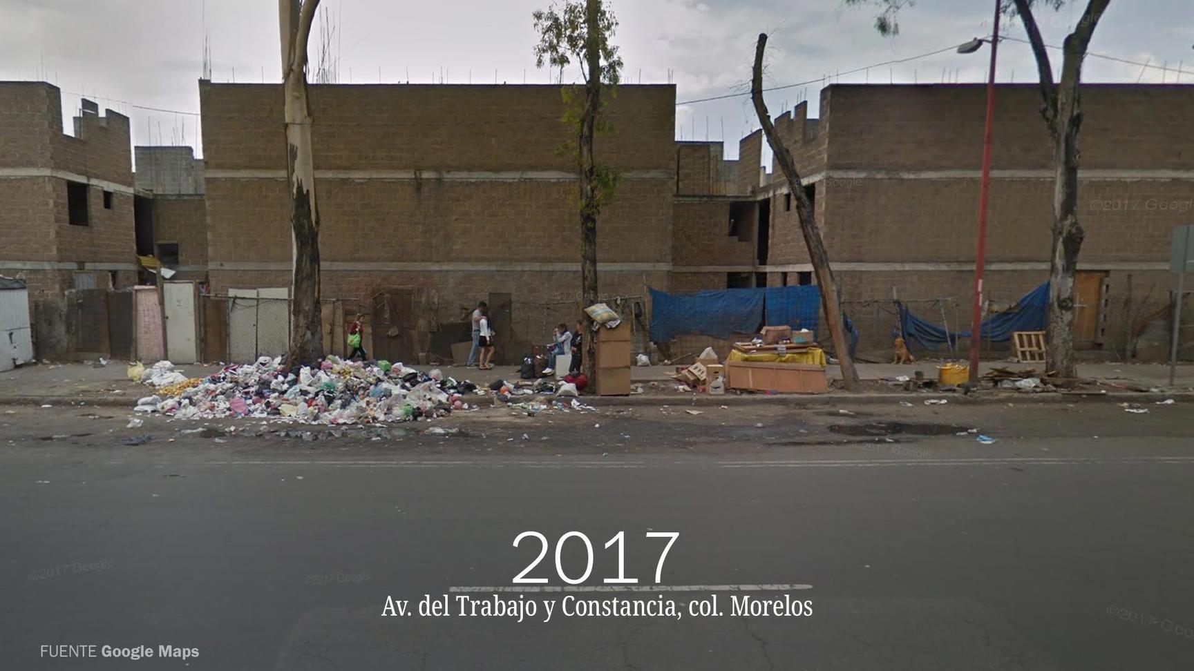 Imagen de Google Maps en la que se muestra un basurero clandestino sobre una avenida de la Ciudad de México en el año 2017