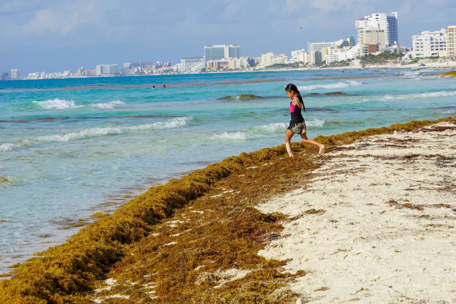 Playa Gaviota Azul, conocida como Playa Forum, amaneció hoy con sargazo