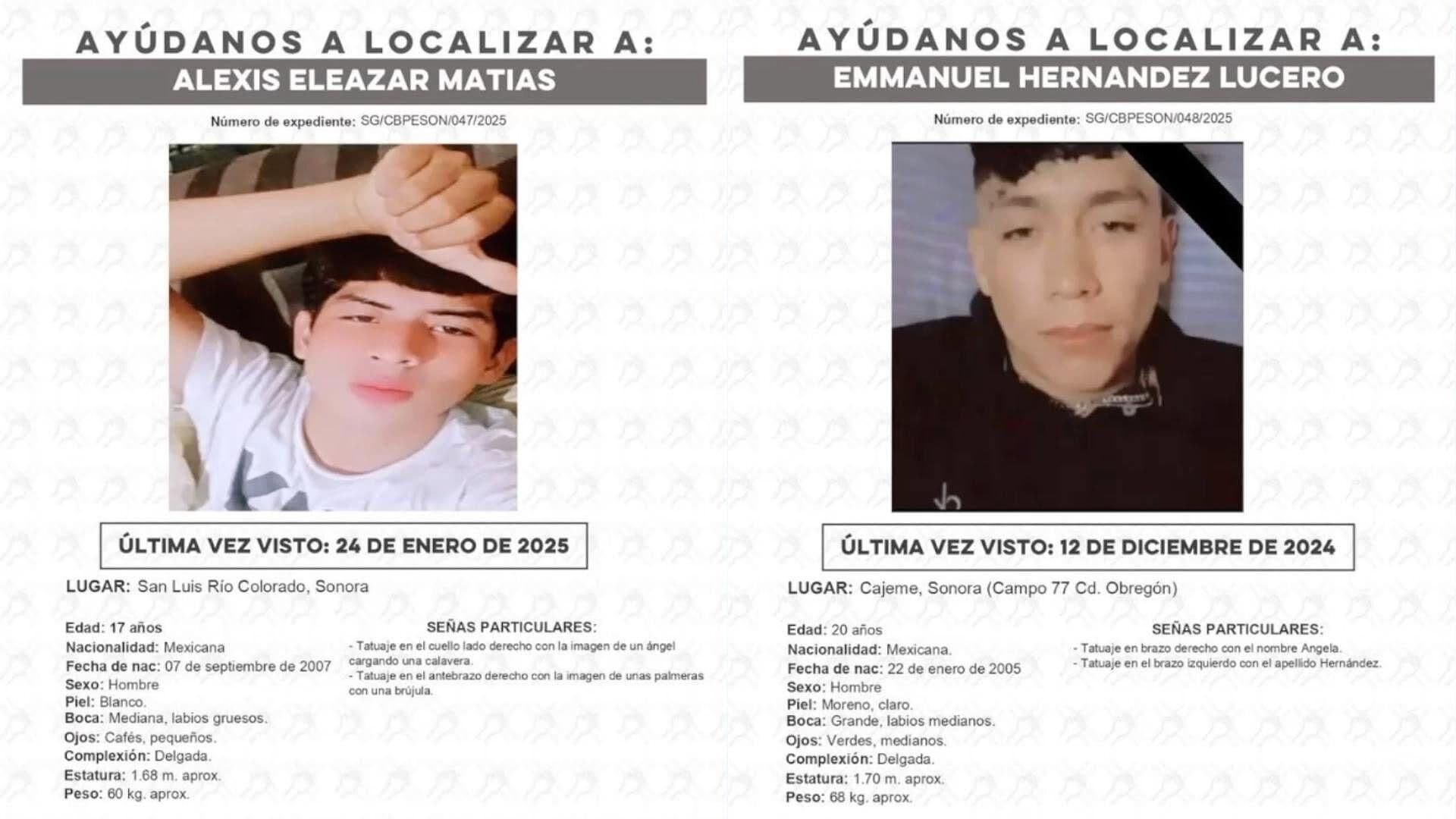 Emiten Fichas de Búsqueda Para Localizar a Jóvenes Desaparecidos en Cajeme y SLRC