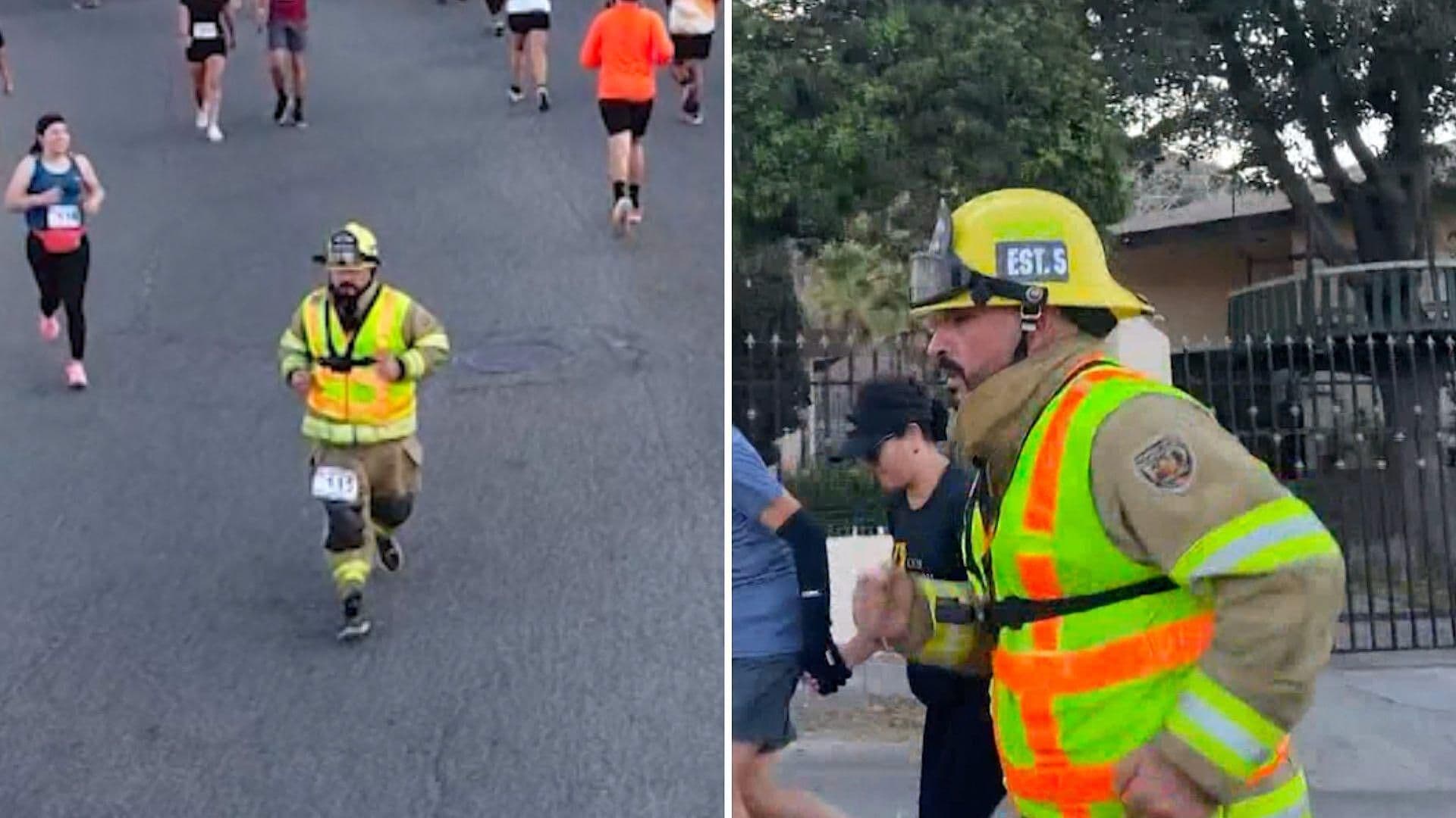 Pedro Infante, Bombero Que Participa en Carreras Atléticas Con su Traje