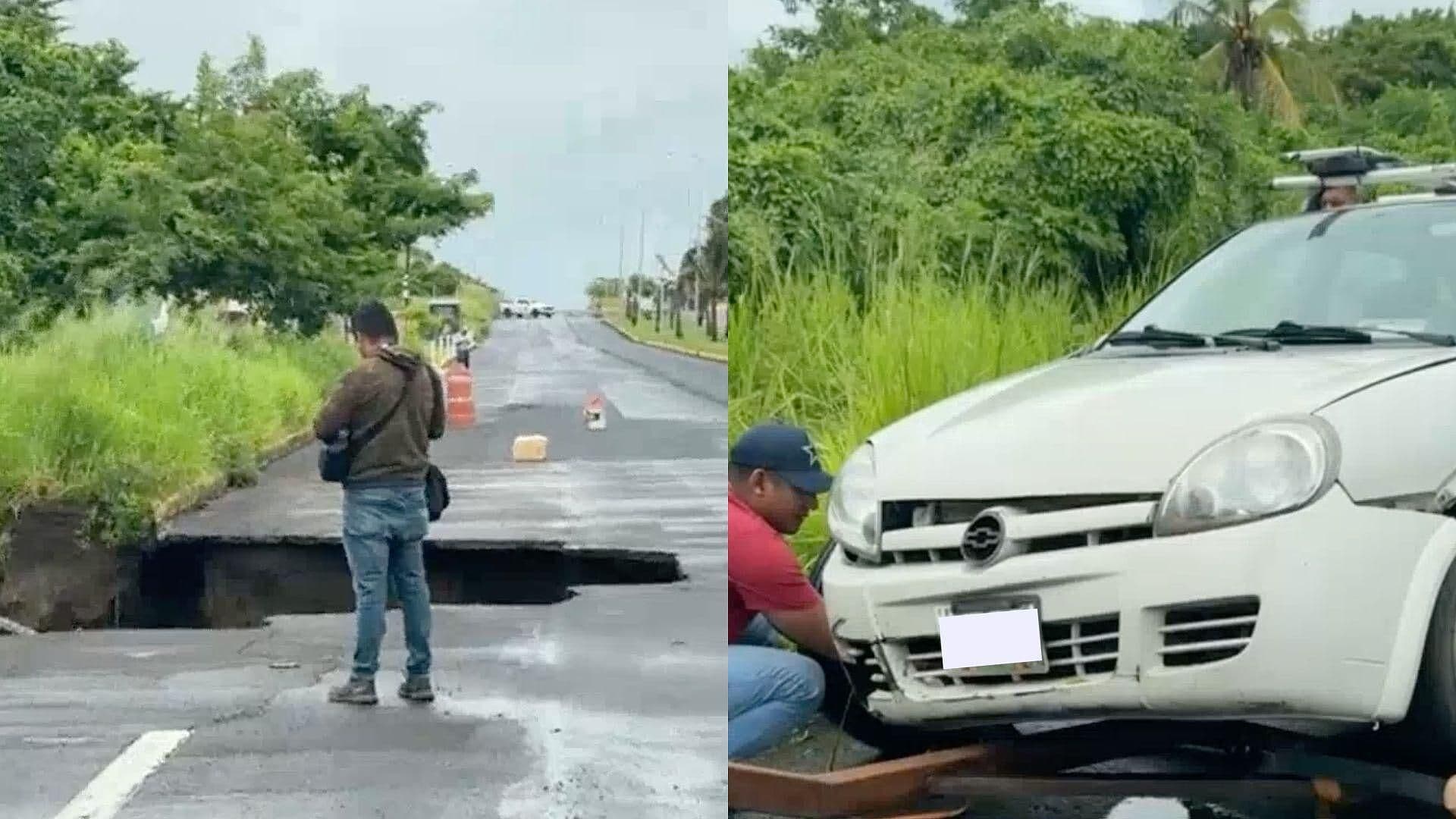 Se Forma Mega Socavón en la Riviera Veracruzana; Un Vehículo Resultó Dañado