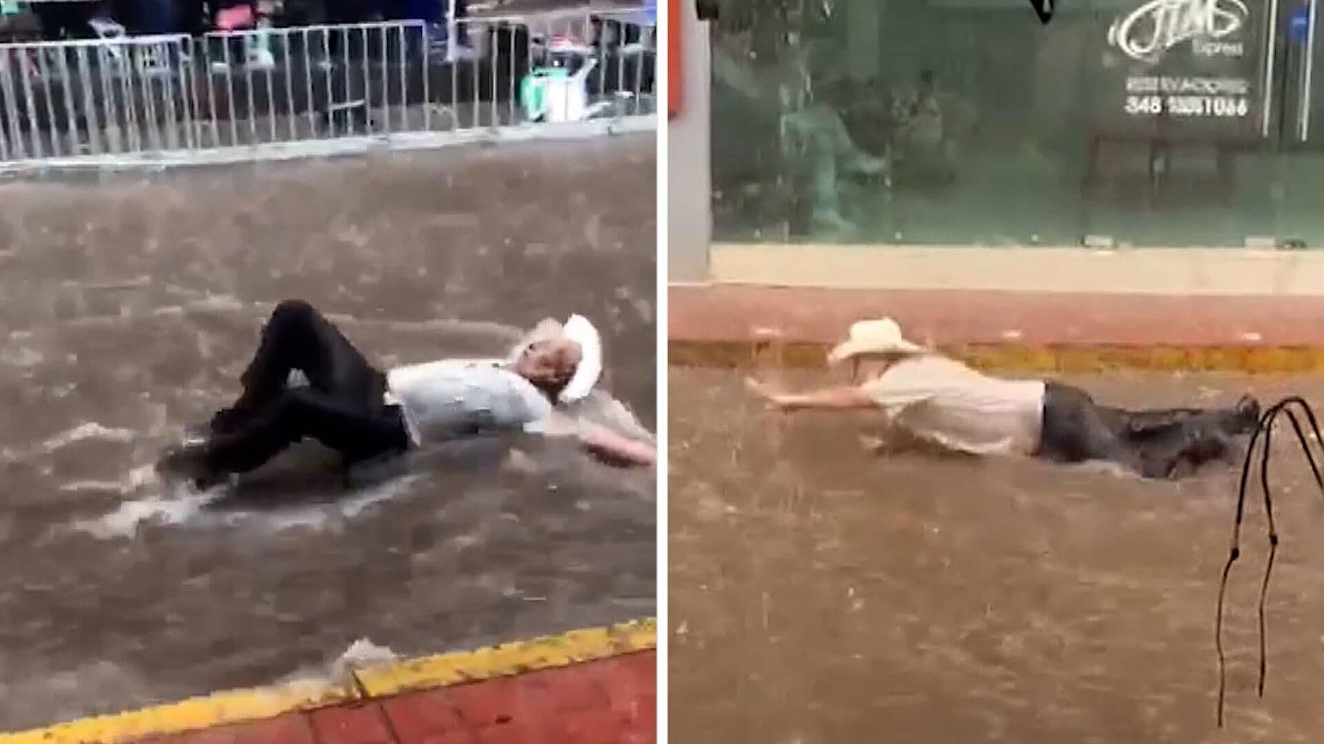 VIDEO: Hombre Nada Sobre la Corriente en Calles de Arandas