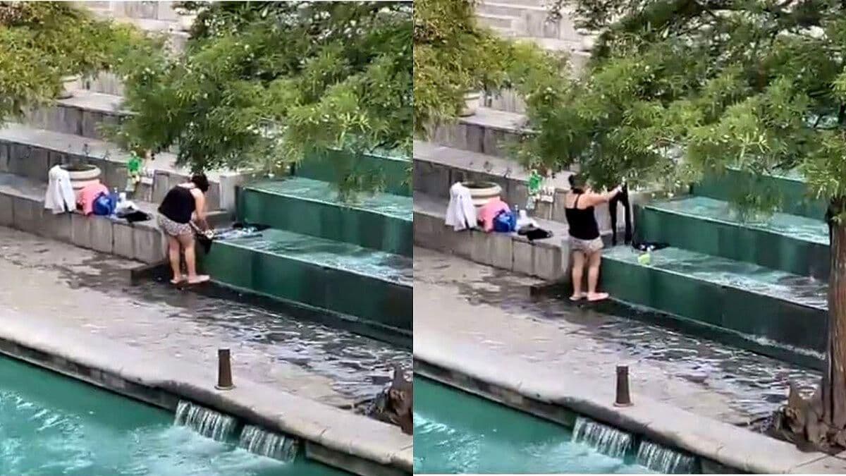 Mujer Lava Ropa en Fuente de Paseo Santa Lucía en Monterrey
