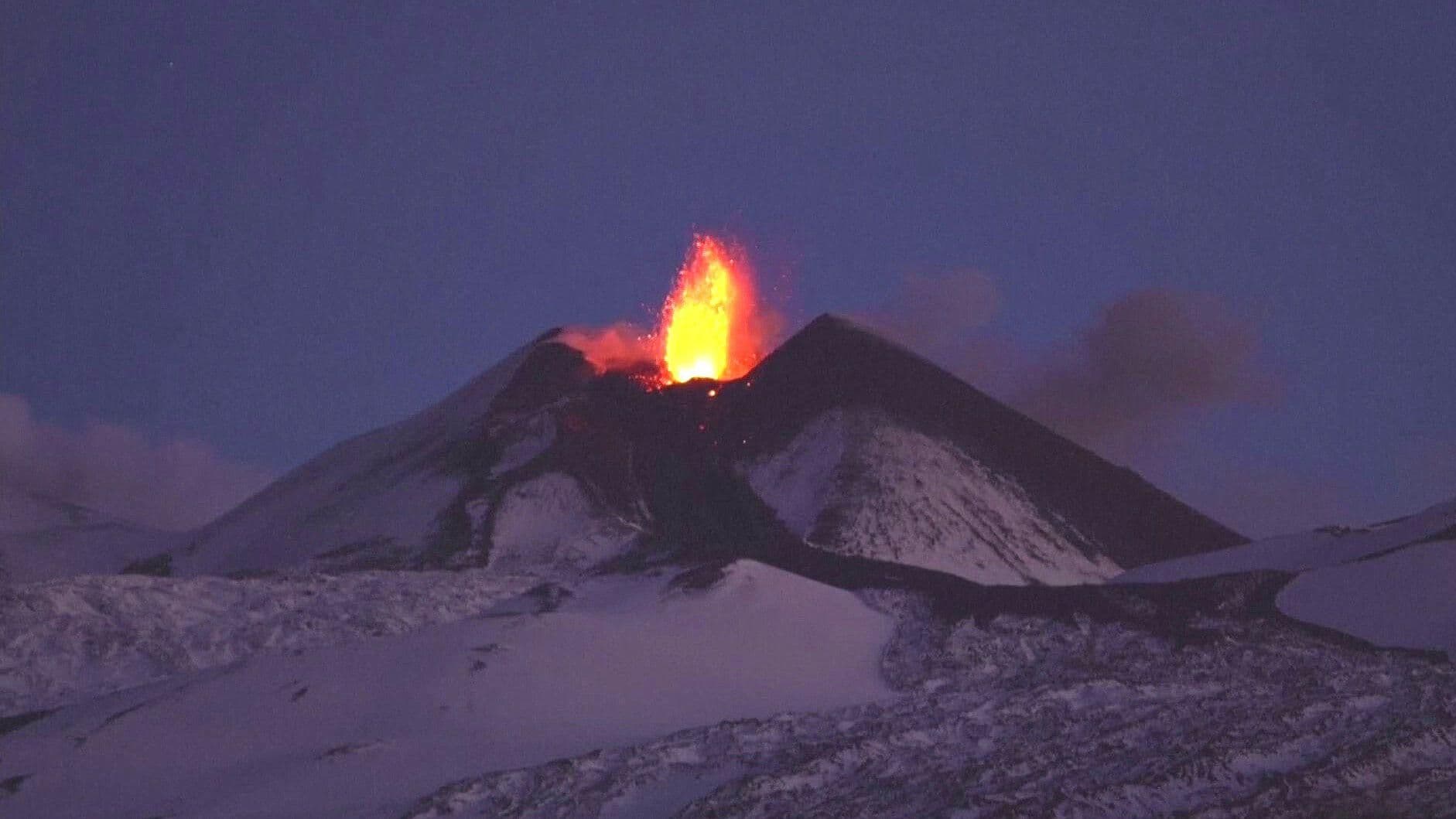 Volcán Etna Sorprende Cubierto de Nieve y Emanando Lava