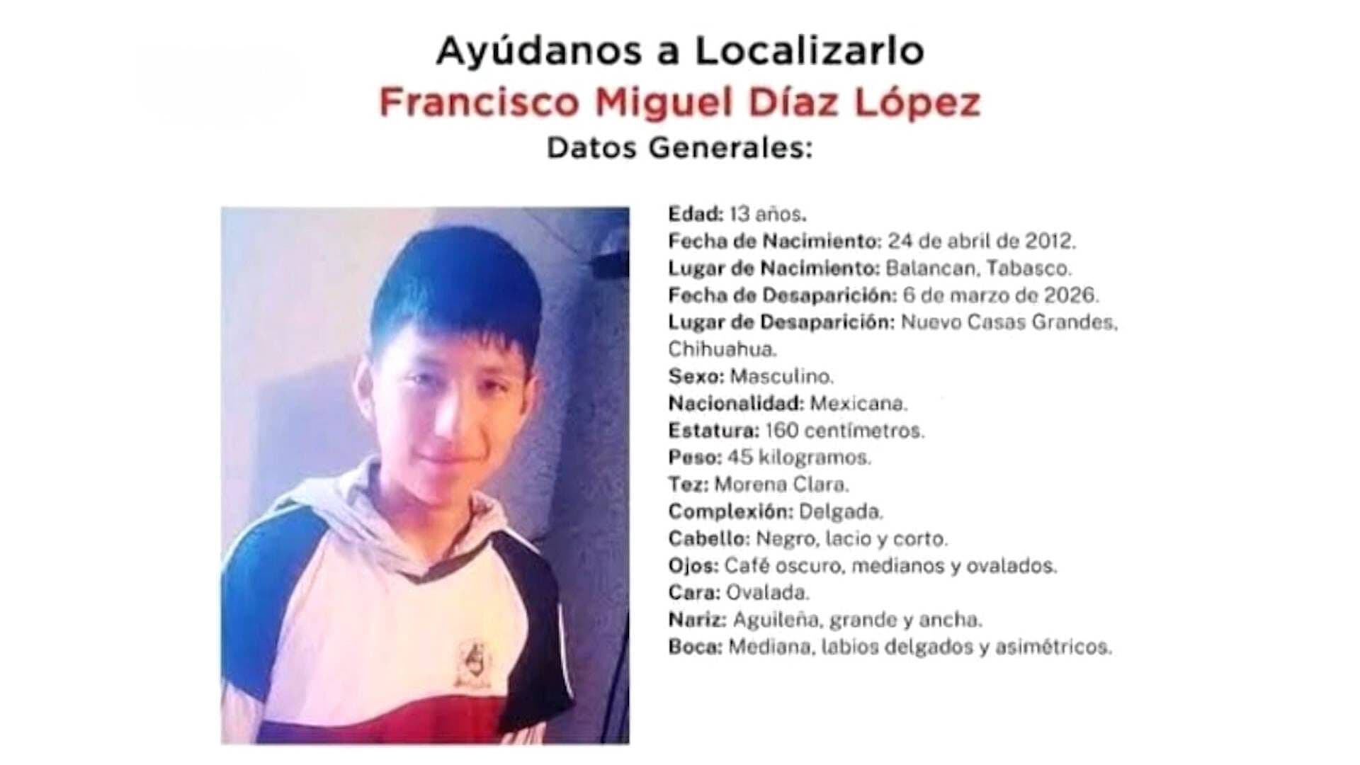Piden Ayuda Para Localizar a Menor de 13 Años Desaparecido en Nuevo Casas Grandes