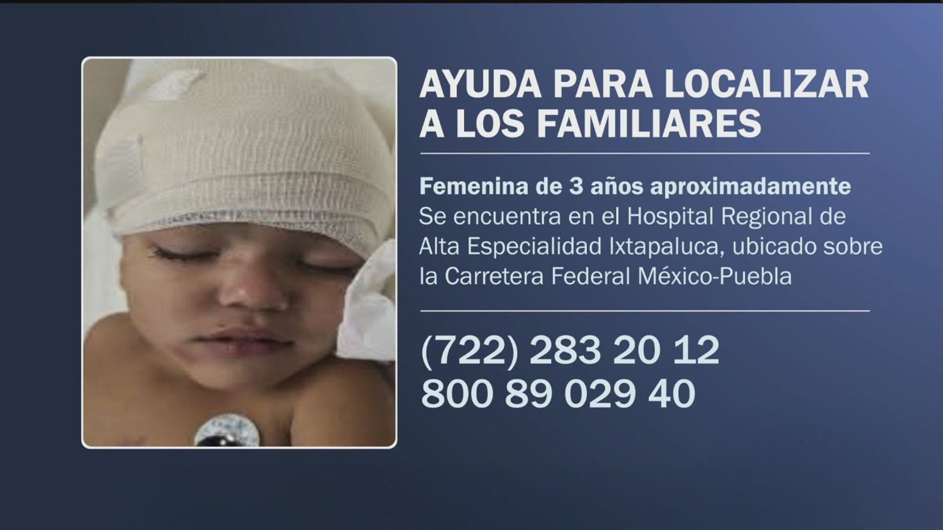 Buscan a Familiares de Niña de 3 Años Lesionada en Accidente de la Carretera Chalco-Miraflores