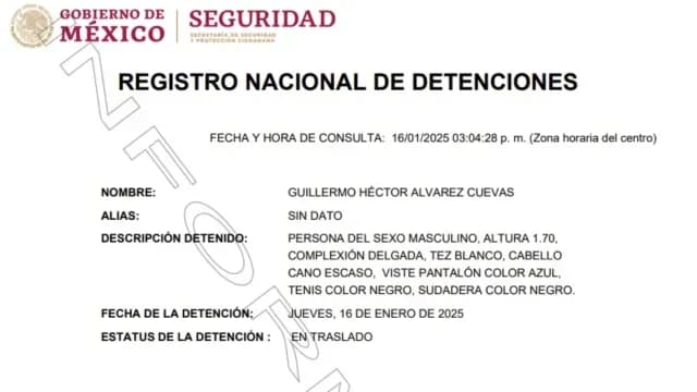 Registro de la detención de Billy Álvarez