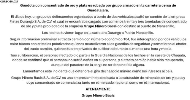 Comunicado de Grupo Minero Bacis.