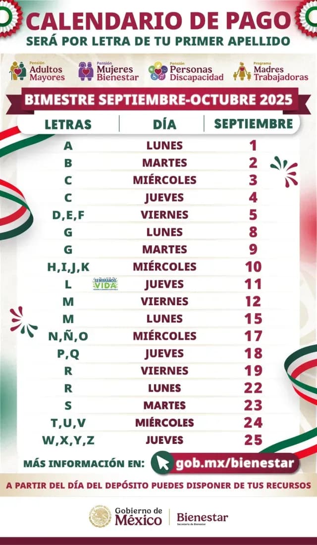 Calendario Bienestar Septiembre 2025