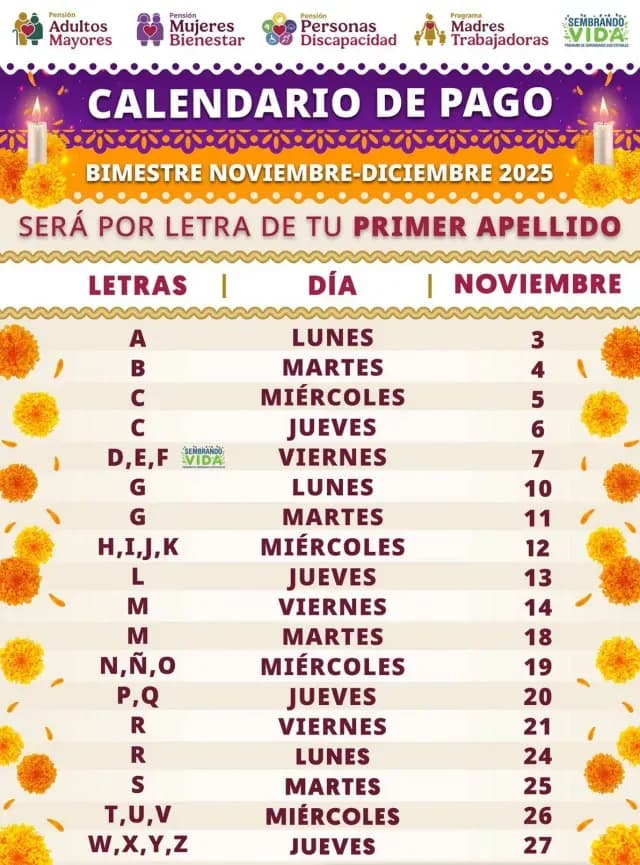 Calendario Bienestar Noviembre 2025