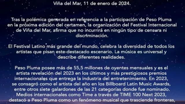 Comunicado de Viña del Mar sobre Peso Pluma