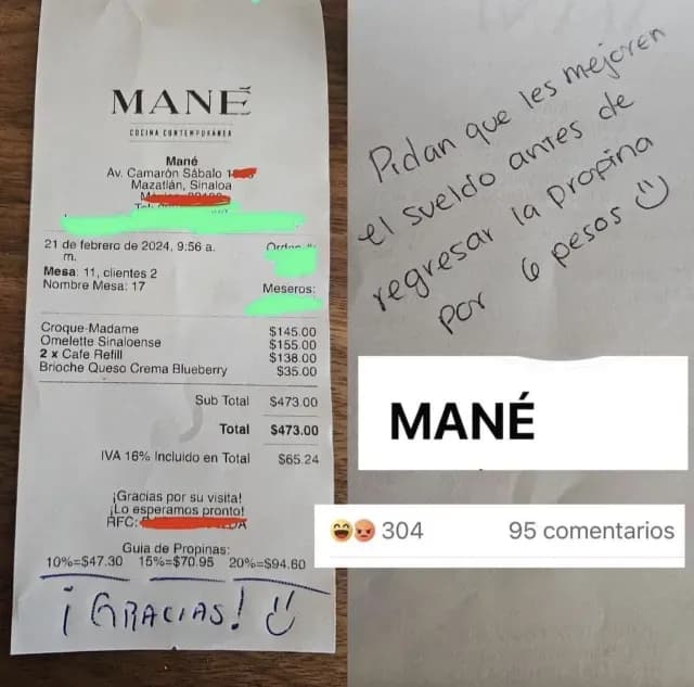 Mesero devuelve propina en restaurante Mané