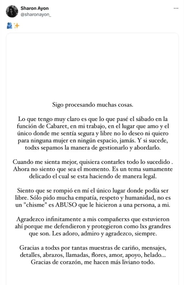 Comunicado de Sharon Ayon de la obra Cabaret