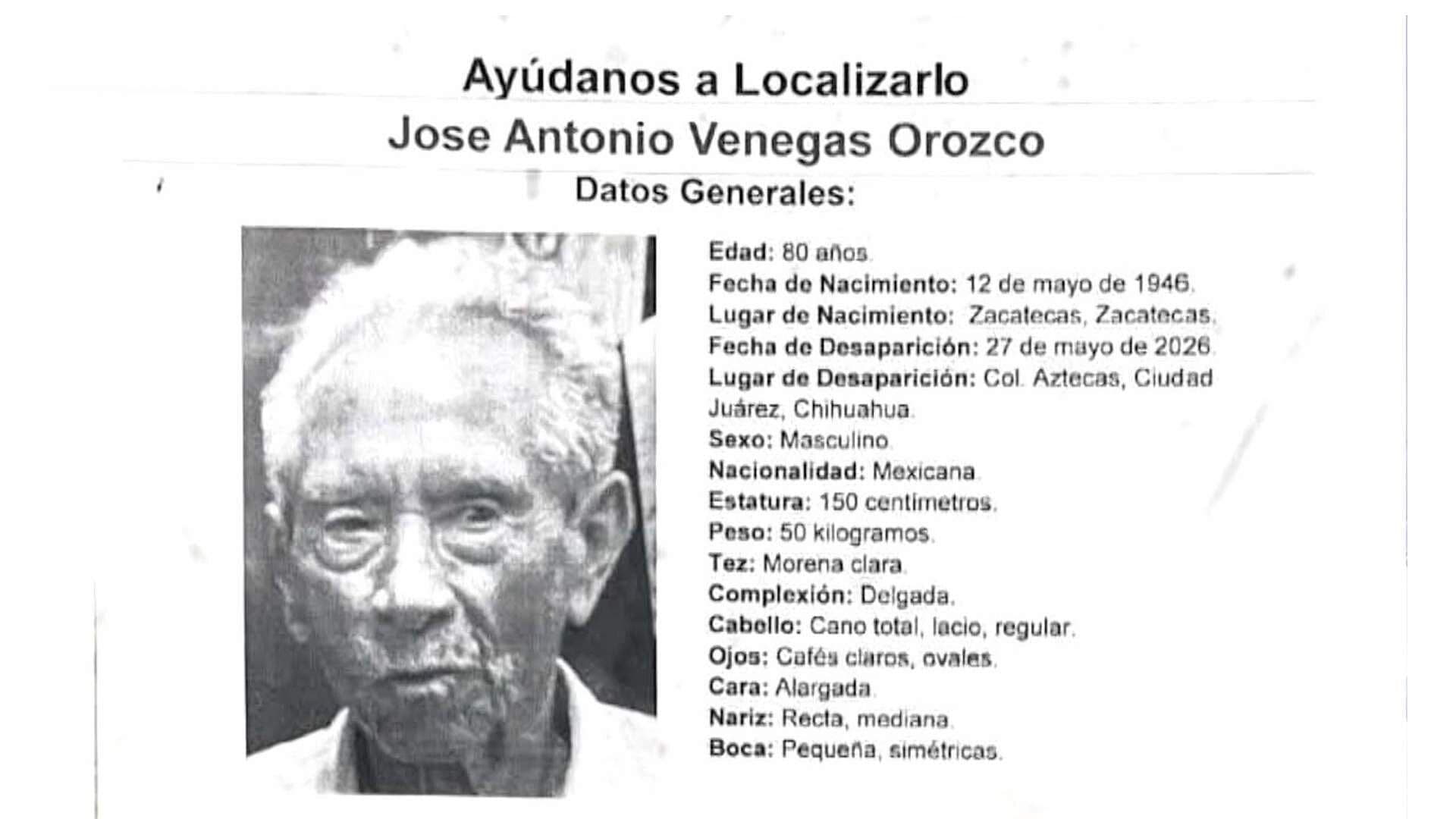 Piden Ayuda Para Localizar a un Adulto Mayor Desaparecido en Ciudad Juárez