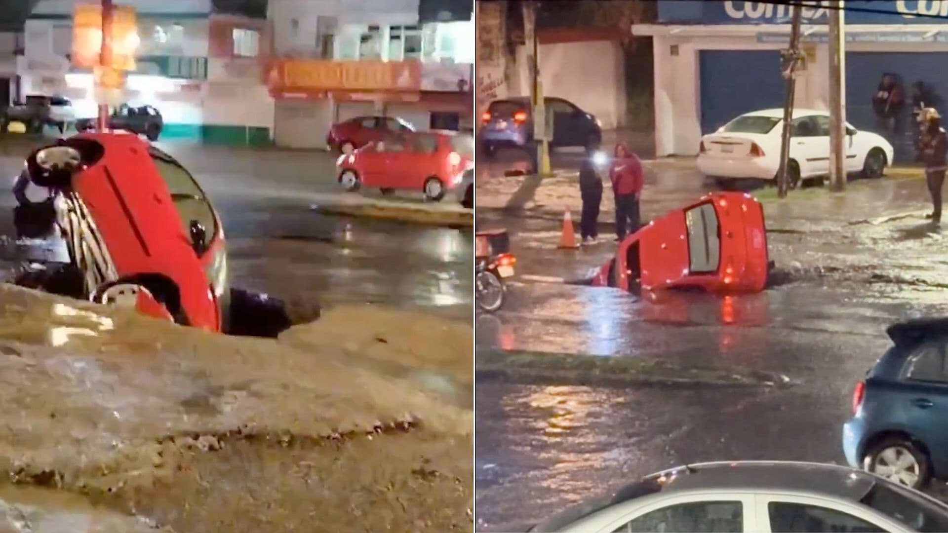 Así Quedó un Auto Tras Caer en Socavón en la Puebla-Tlaxcala