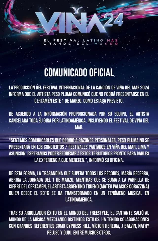Comunicado de Viña del Mar sobre Peso Pluma