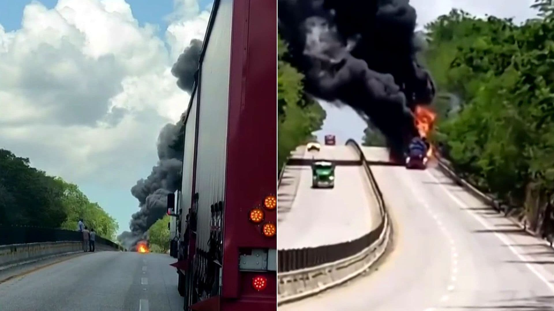Choque y Explosión de Dos Unidades de Carga Deja Tres Lesionados en la Autopista Champotón-Campeche