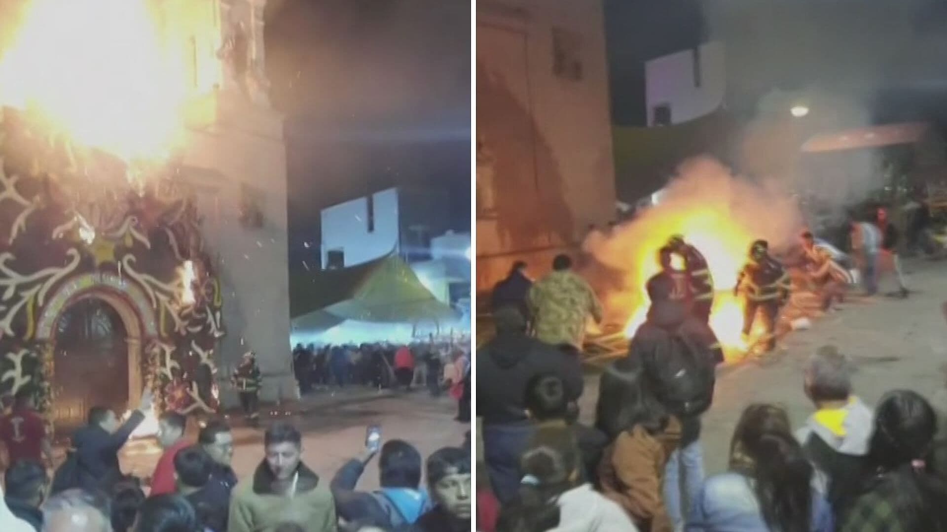 VIDEO | Fuegos Artificiales Provocan Incendio de un Adorno Floral de Parroquia en Huixquilucan