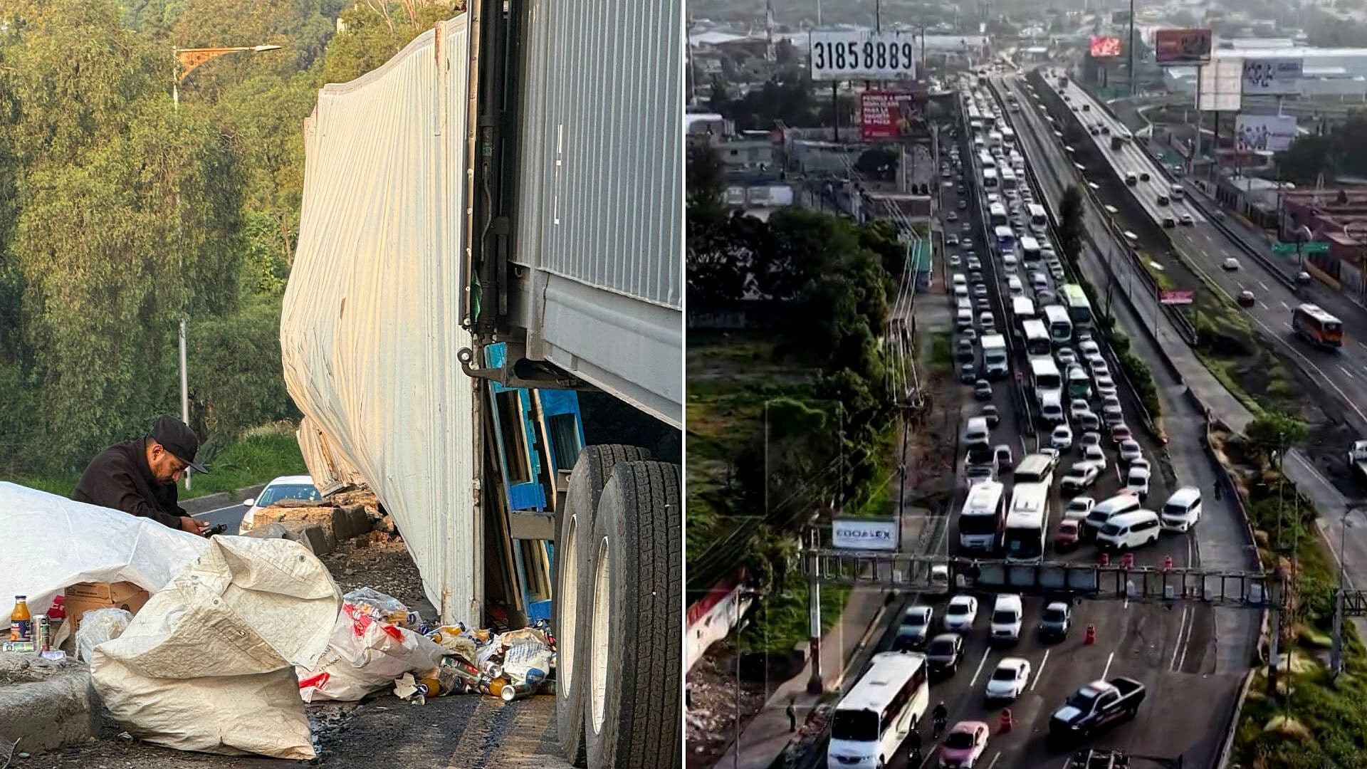 Así Se Ve Desde el Aire el Caos Vial por Caja de Tráiler Volcada en la México-Pachuca