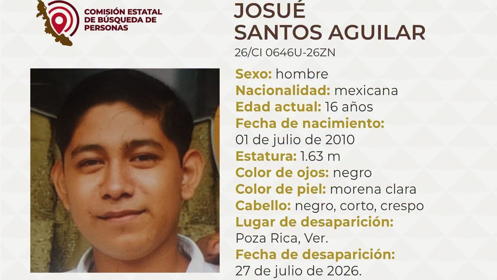 Emiten Ficha de Búsqueda para Localizar a Menor Desaparecido en Poza Rica Veracruz