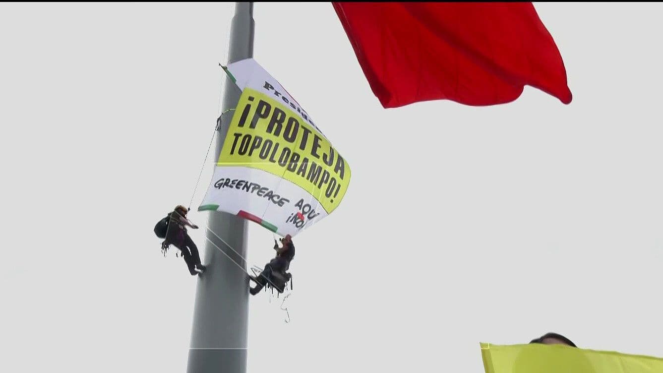 Integrantes de Greenpeace Despliegan Manta en al Asta Bandera del Zócalo Capitalino