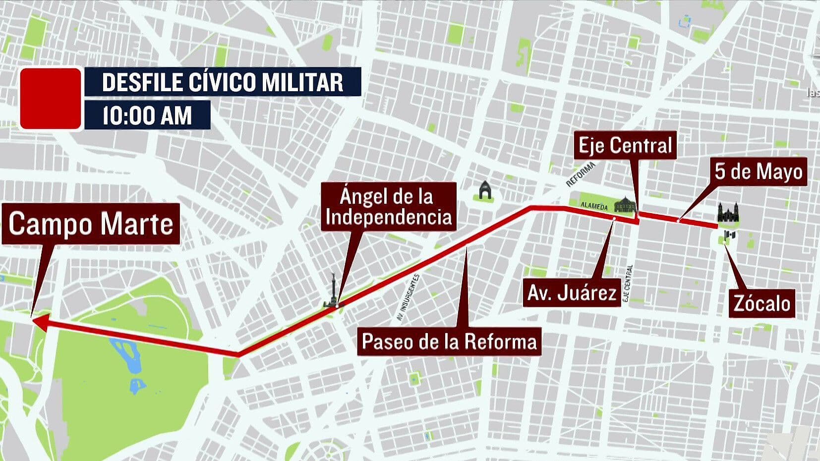 Mapa con la Ruta del Desfile Militar en CDMX por Aniversario de la Independencia