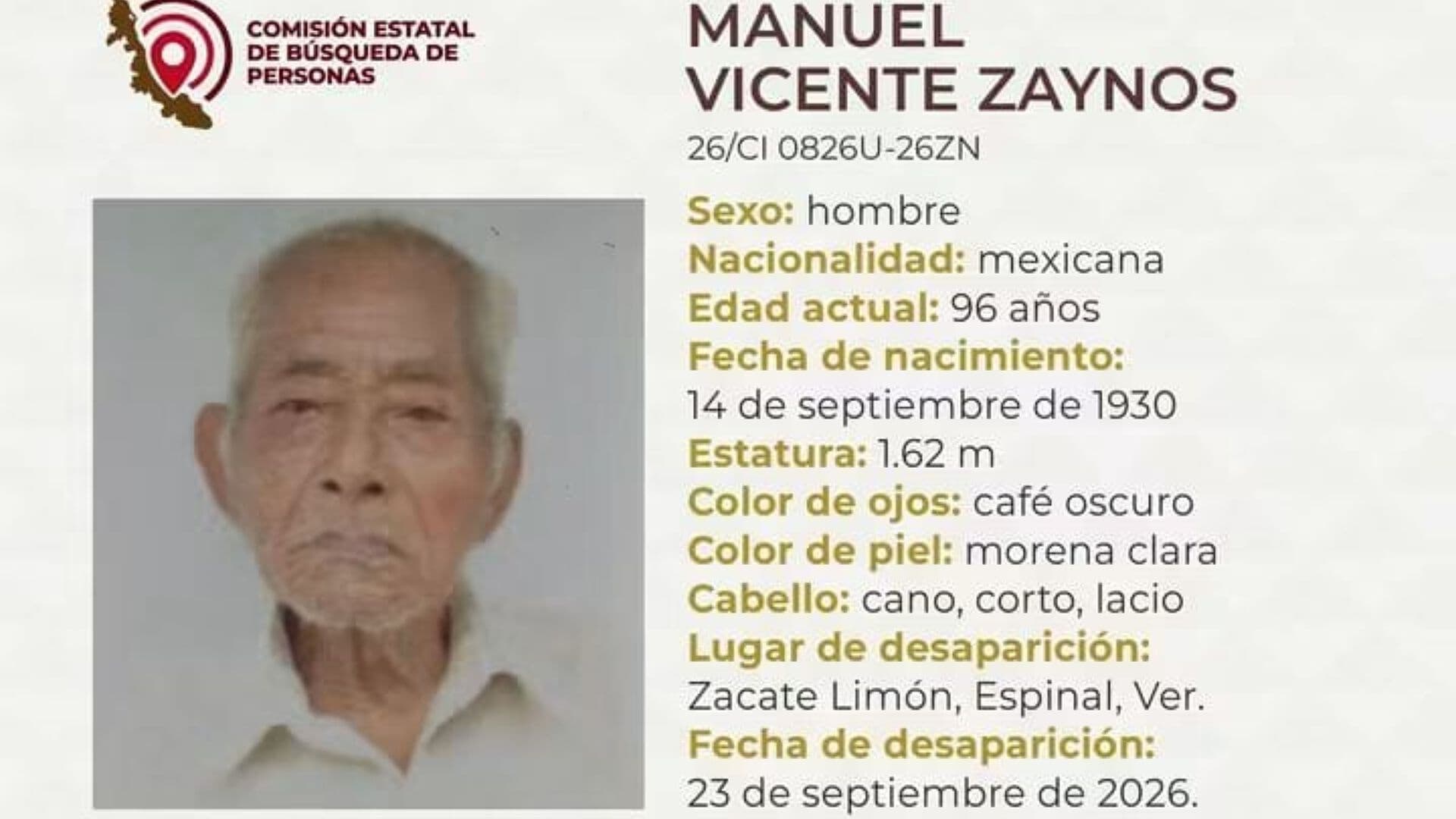 Emiten Ficha de Búsqueda de Adulto Mayor Manuel Vicente Zaynos tras su Desaparición en Espinal Veracruz