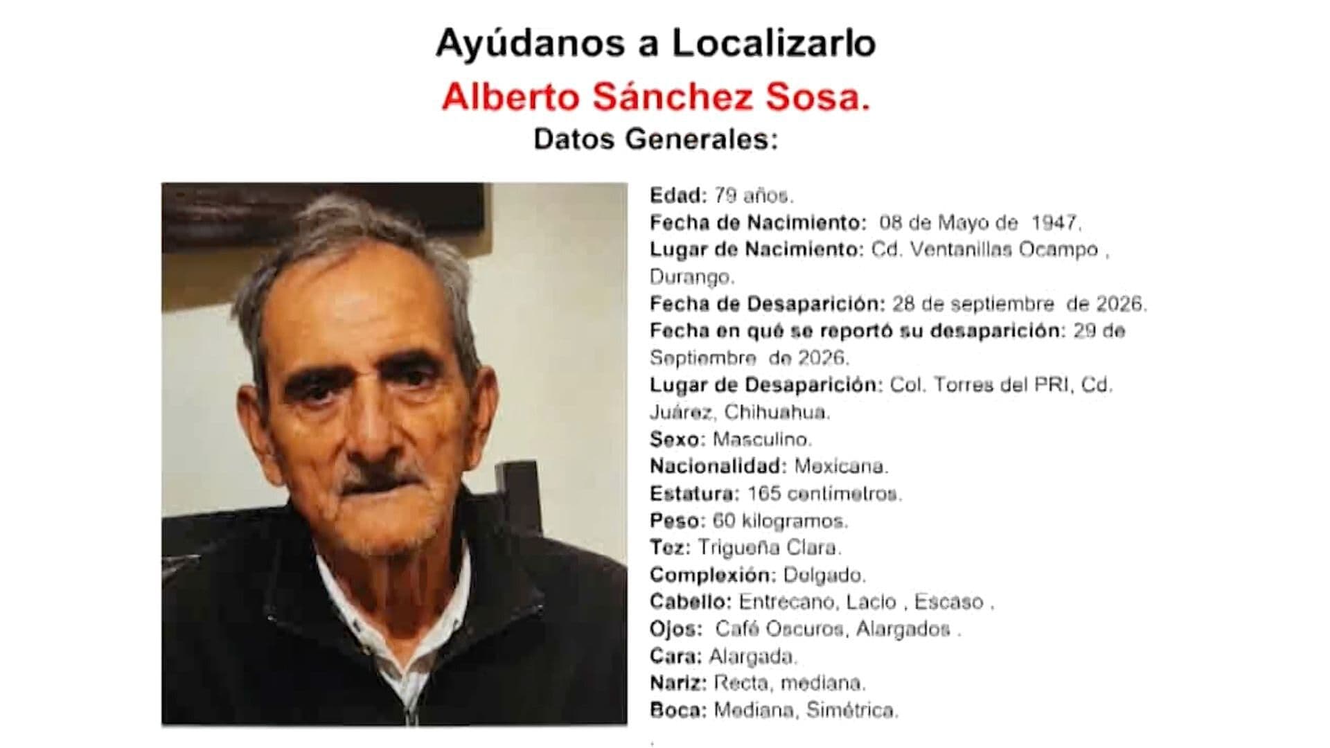 Piden Ayuda Para Localizar a un Adulto Mayor Desaparecido en Ciudad Juárez