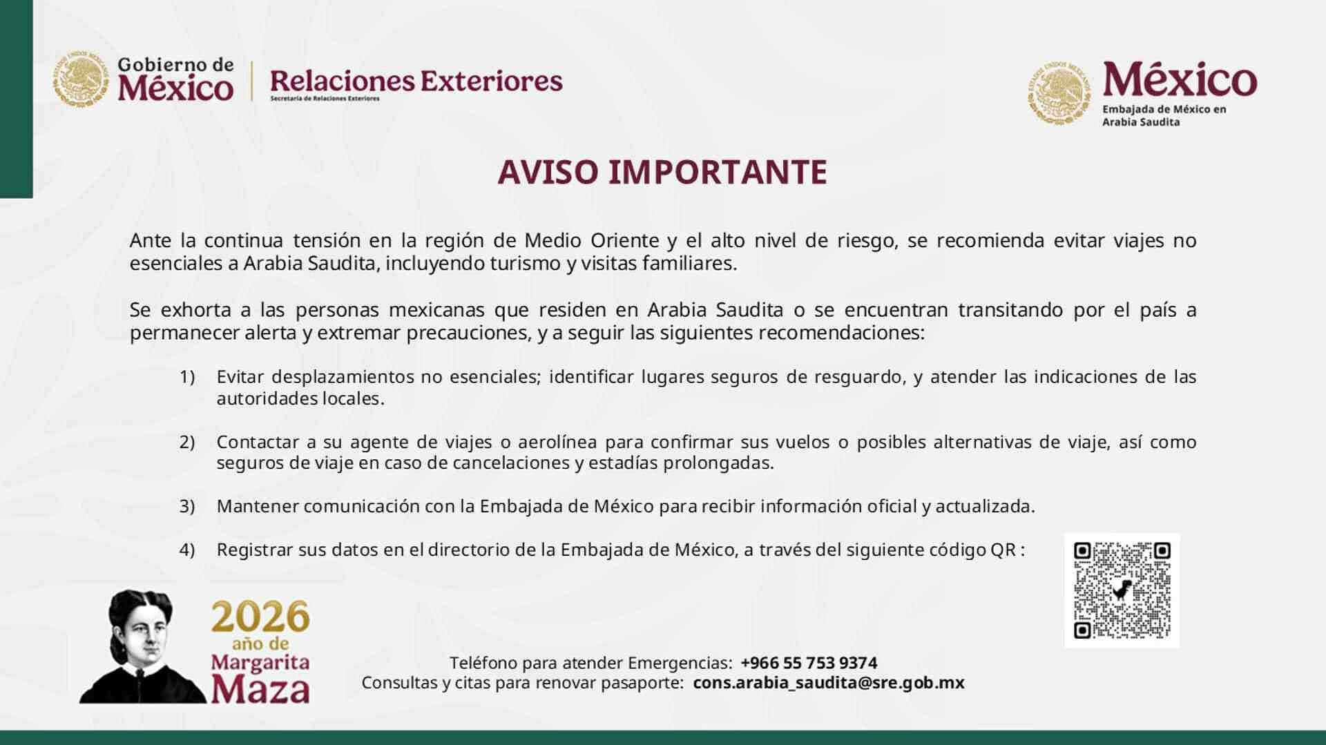 Embajada de México en Arabia Saudita Emite Recomendaciones por Conflicto en Medio Oriente