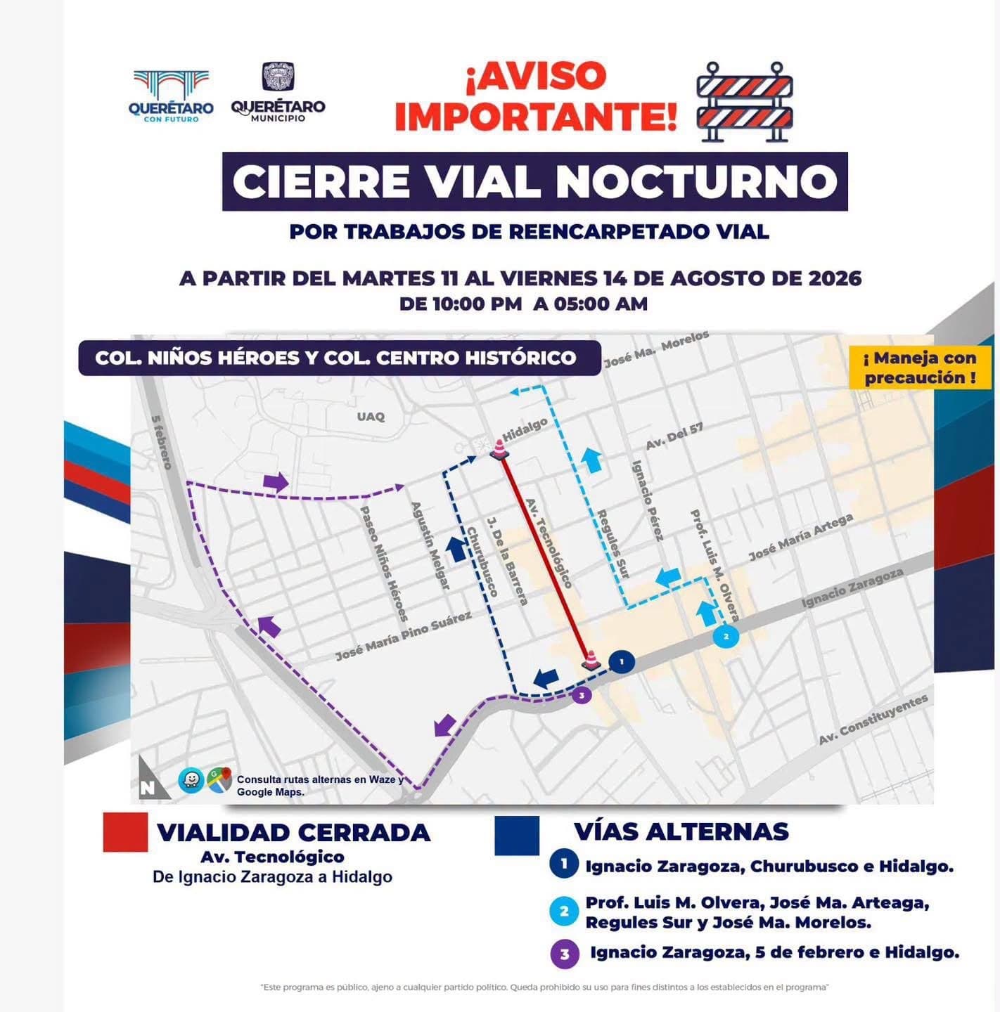 Anuncian Cierres Nocturnos por Obras Viales