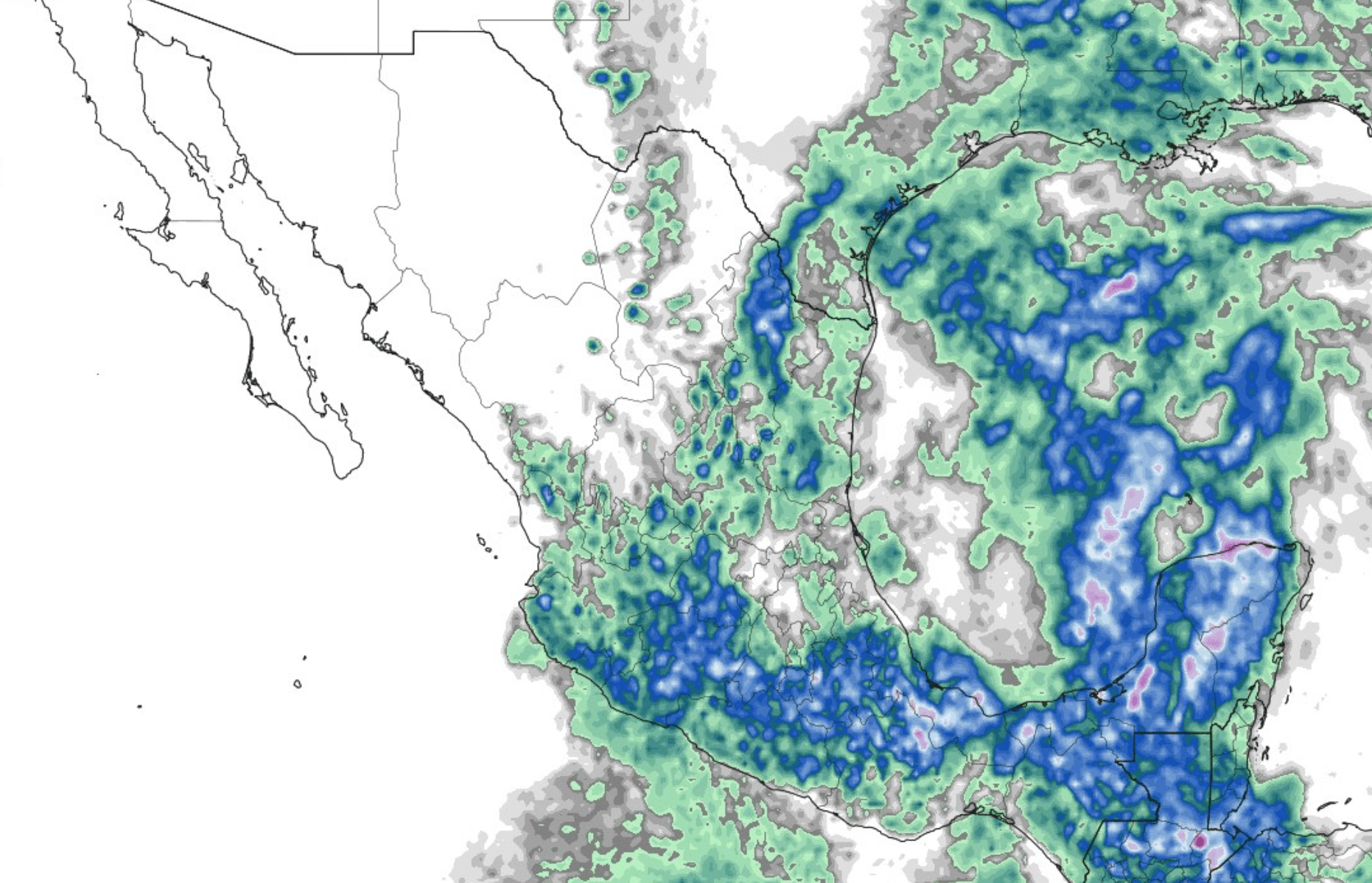 Mapa de México con señalamientos de lluvia en gran parte de la república