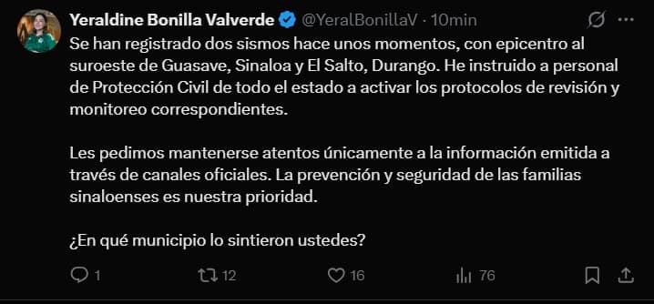 Gobernadora Sinaloa 2 sismos