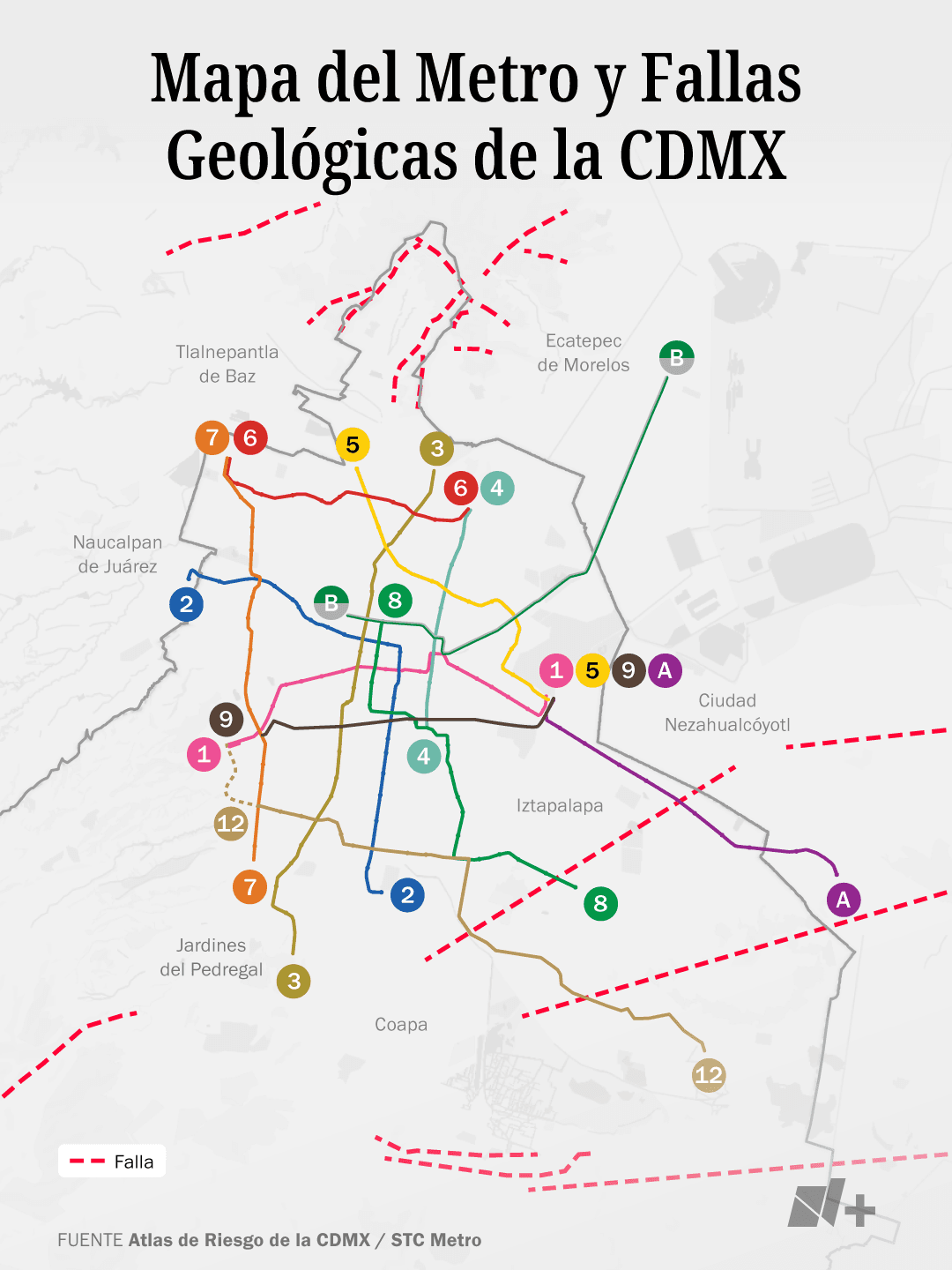 Mapa del Metro y fallas geológicas de la CDMX. Infografía: N+
