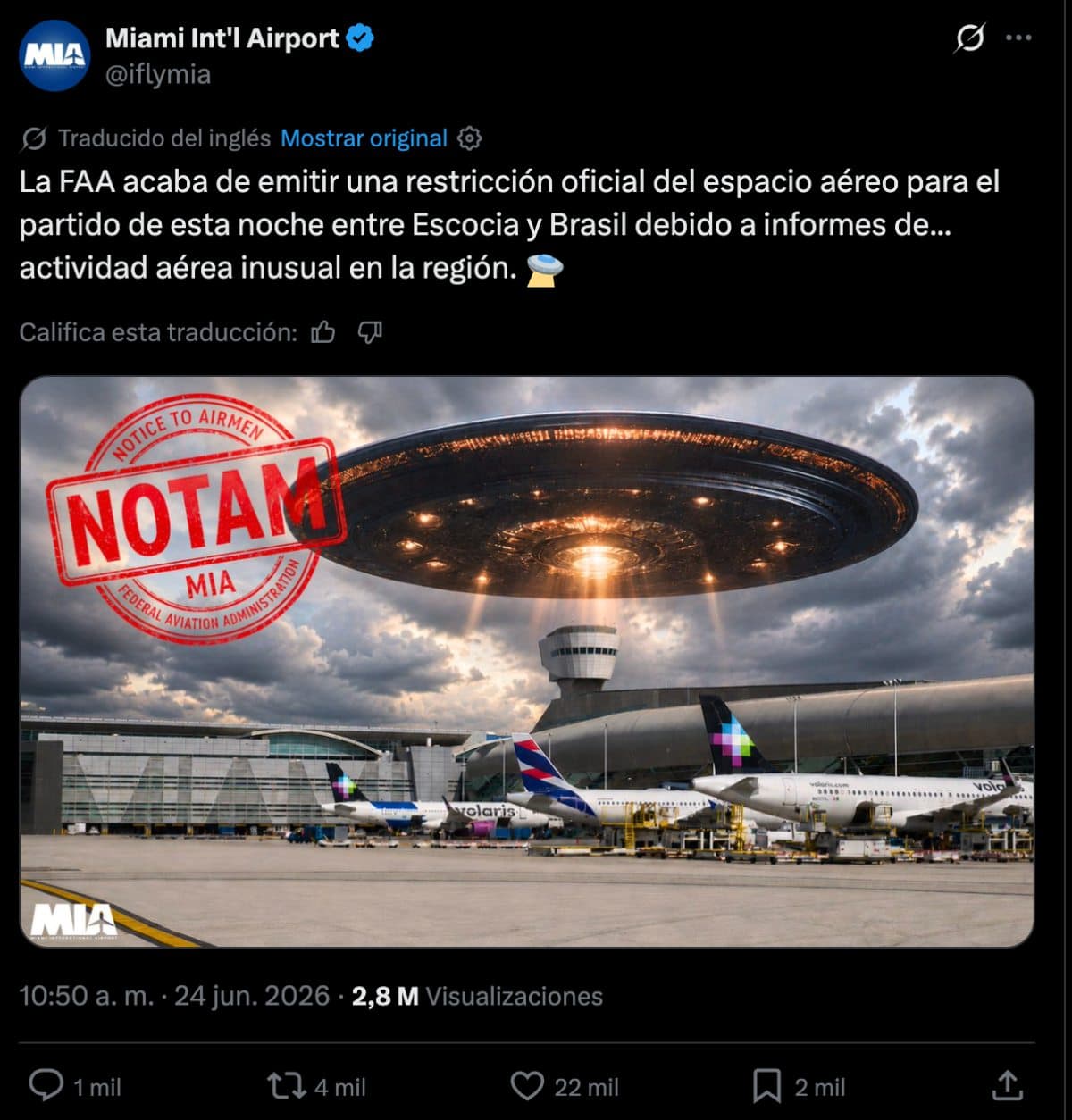 Publicación en X del Aeropuerto de Miami sobre Partido Brasil vs Esccocia
