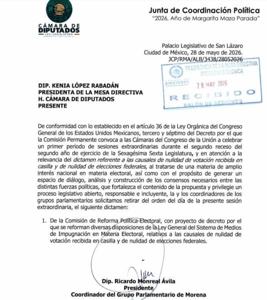 Documento en el que se informa que se retira la discusión de la Ley de Nulidad de Elecciones
