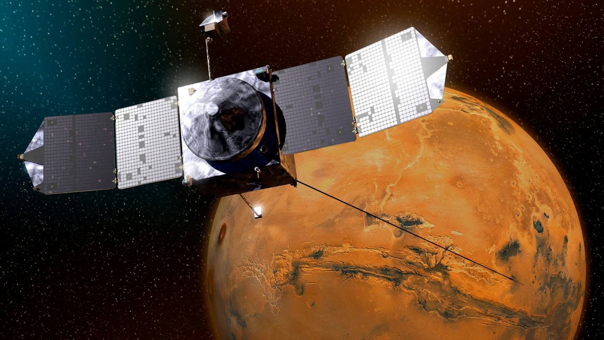 Representación artística de la sonda MAVEN de la NASA orbitando Marte