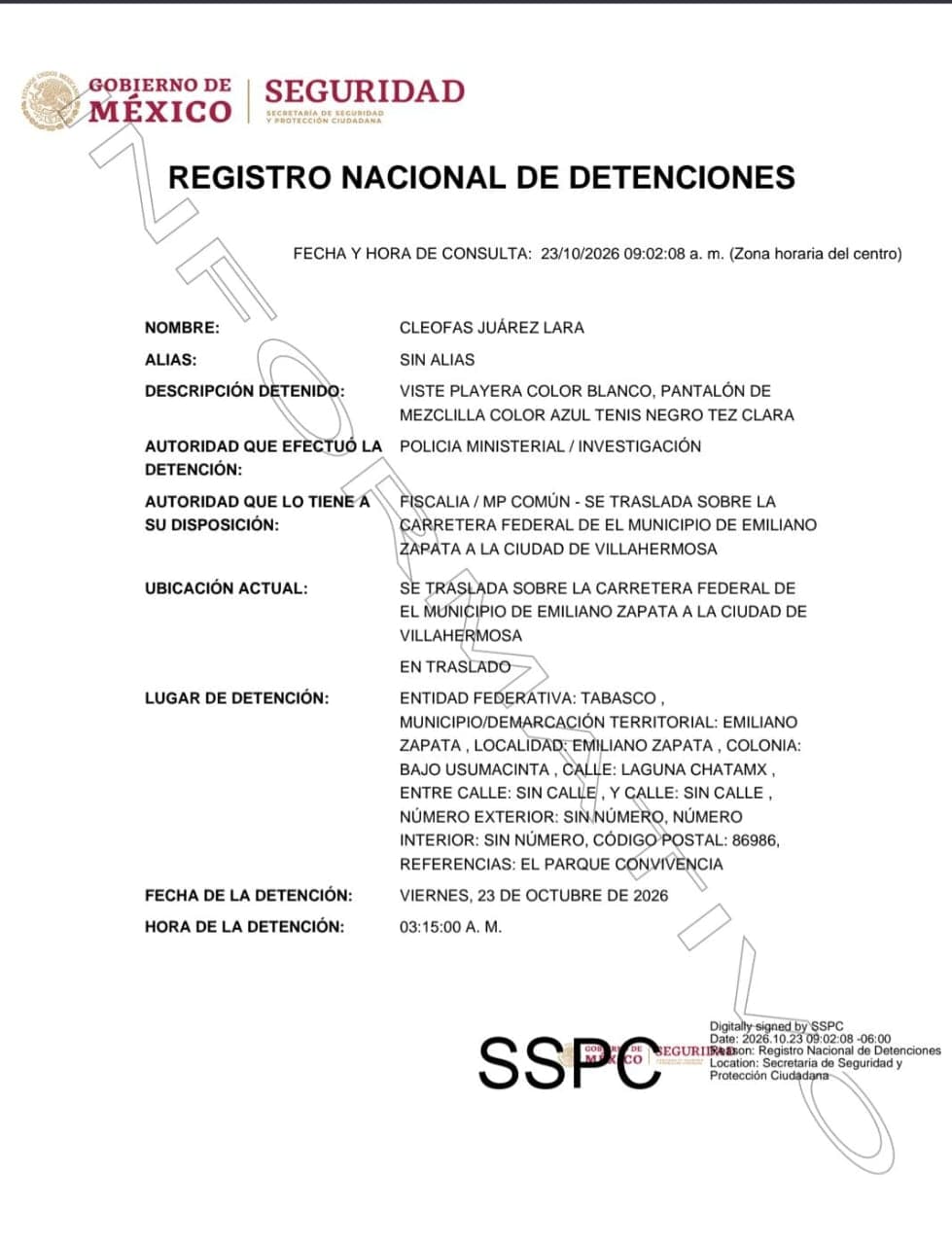 Registro de la detención de Cleofas Juárez, jefe de la Policía