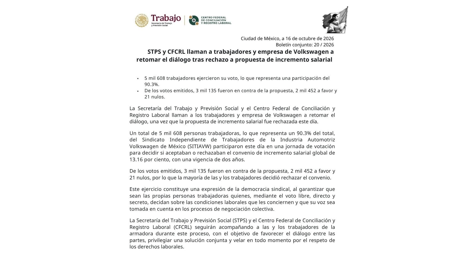 Comunicado tras rechazo de propuesta de incremento salarial.