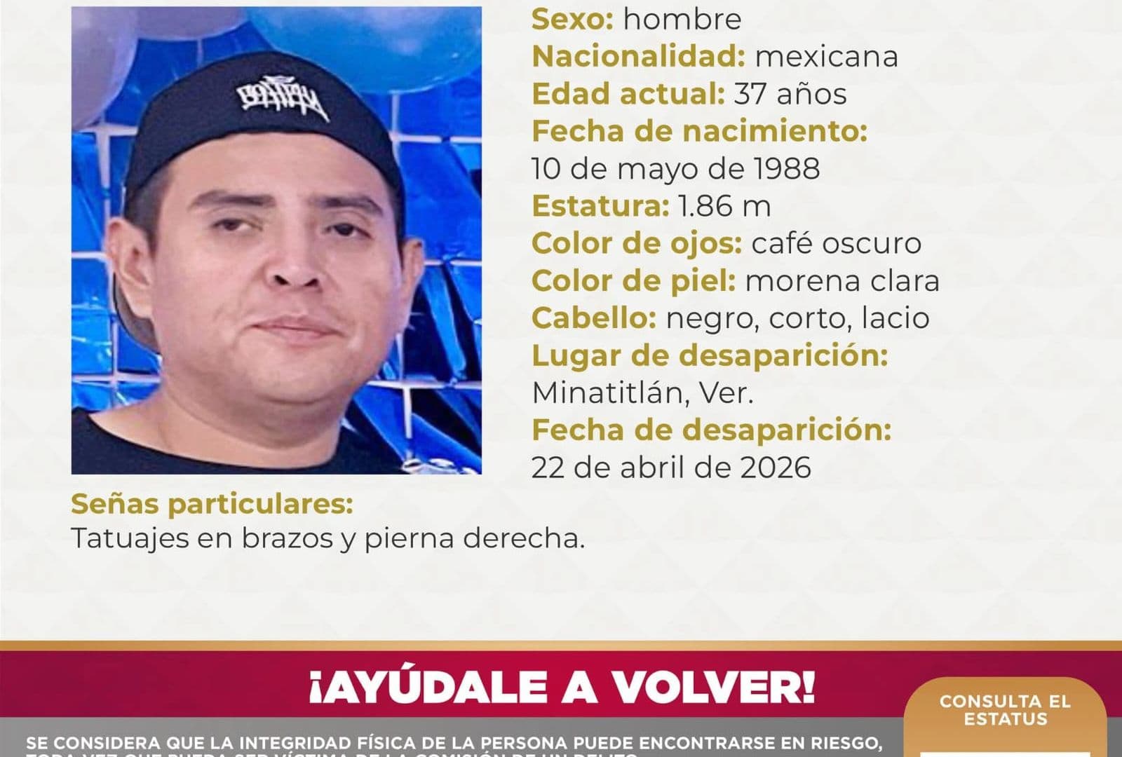Hombre desaparecido en Minatitlán