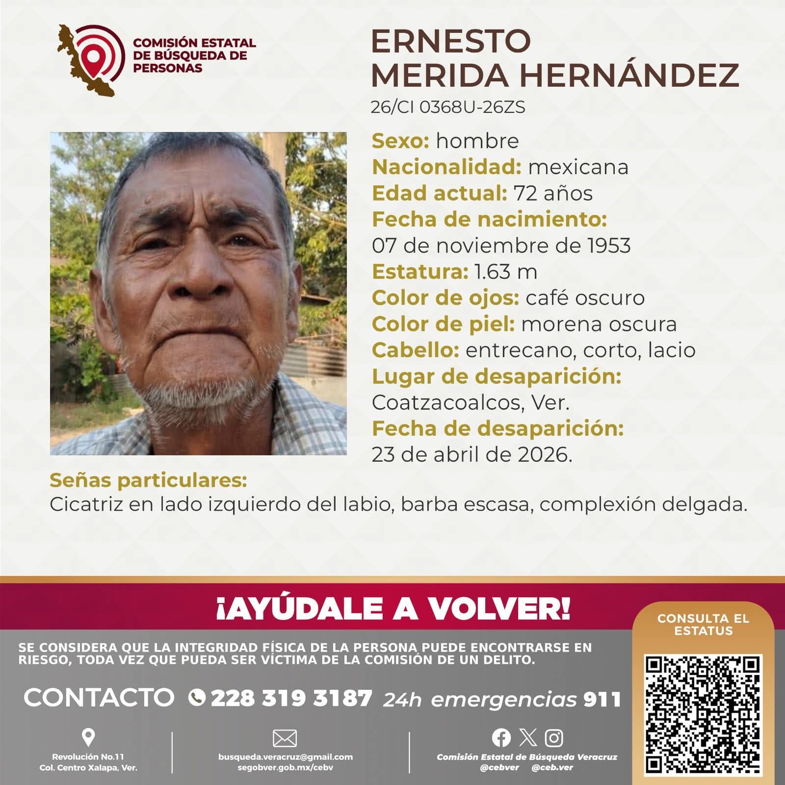 Adulto mayor reportado desaparecido